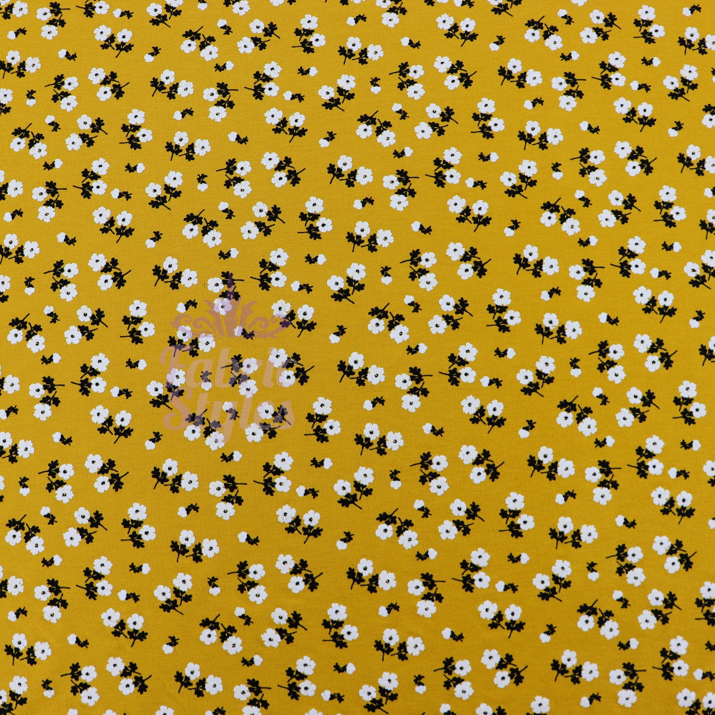 Mustard Ditsy Black White Floral Viscose Elastane Fabric
