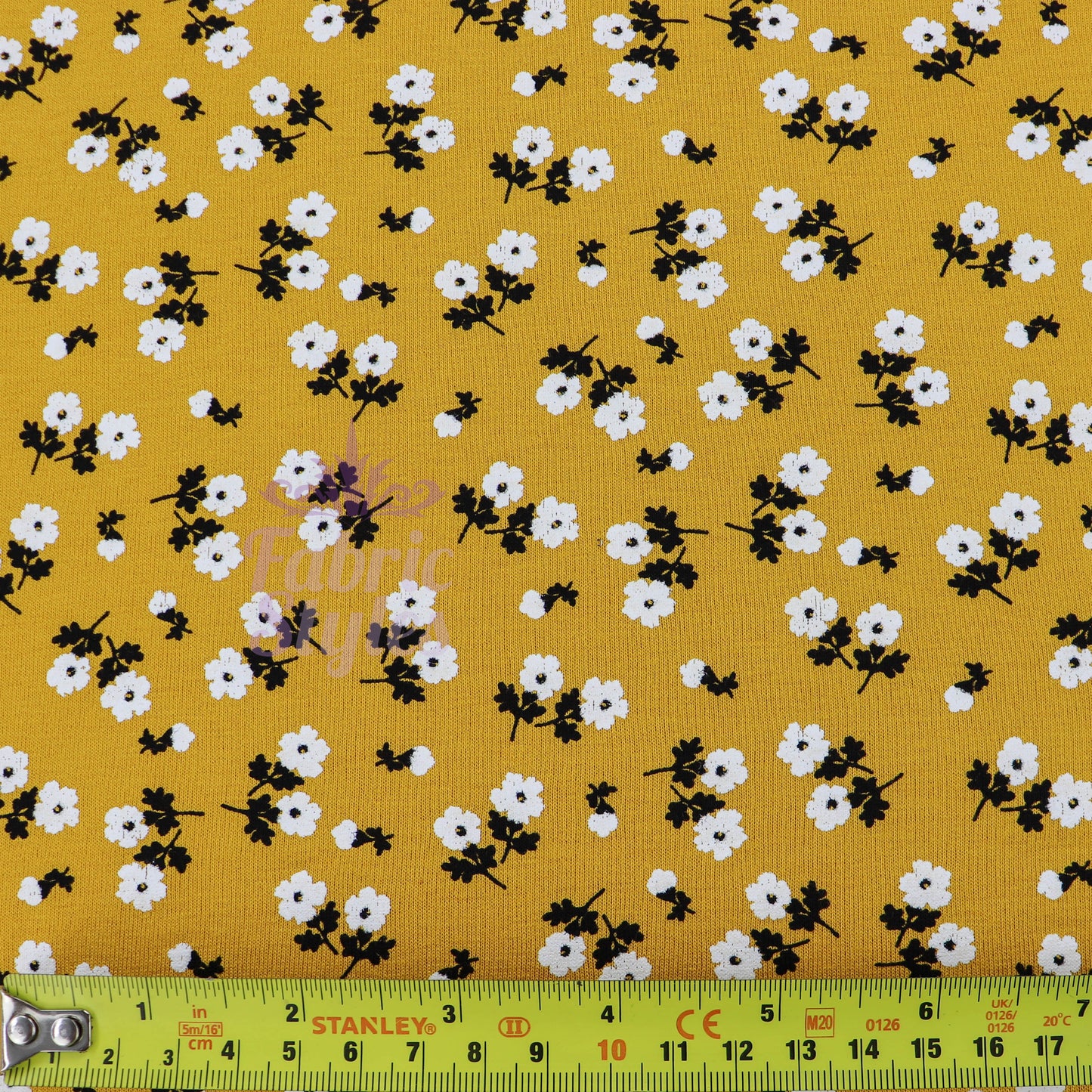 Mustard Ditsy Black White Floral Viscose Elastane Fabric