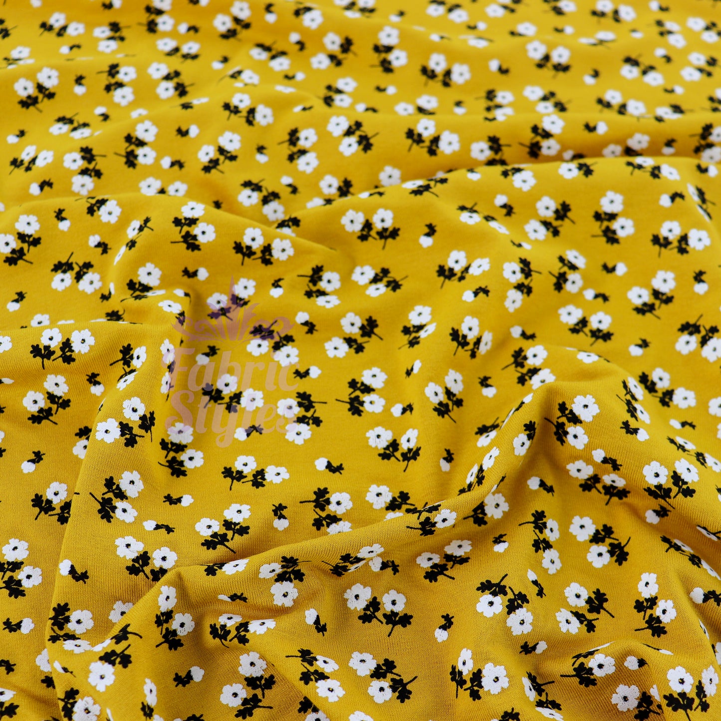Mustard Ditsy Black White Floral Viscose Elastane Fabric