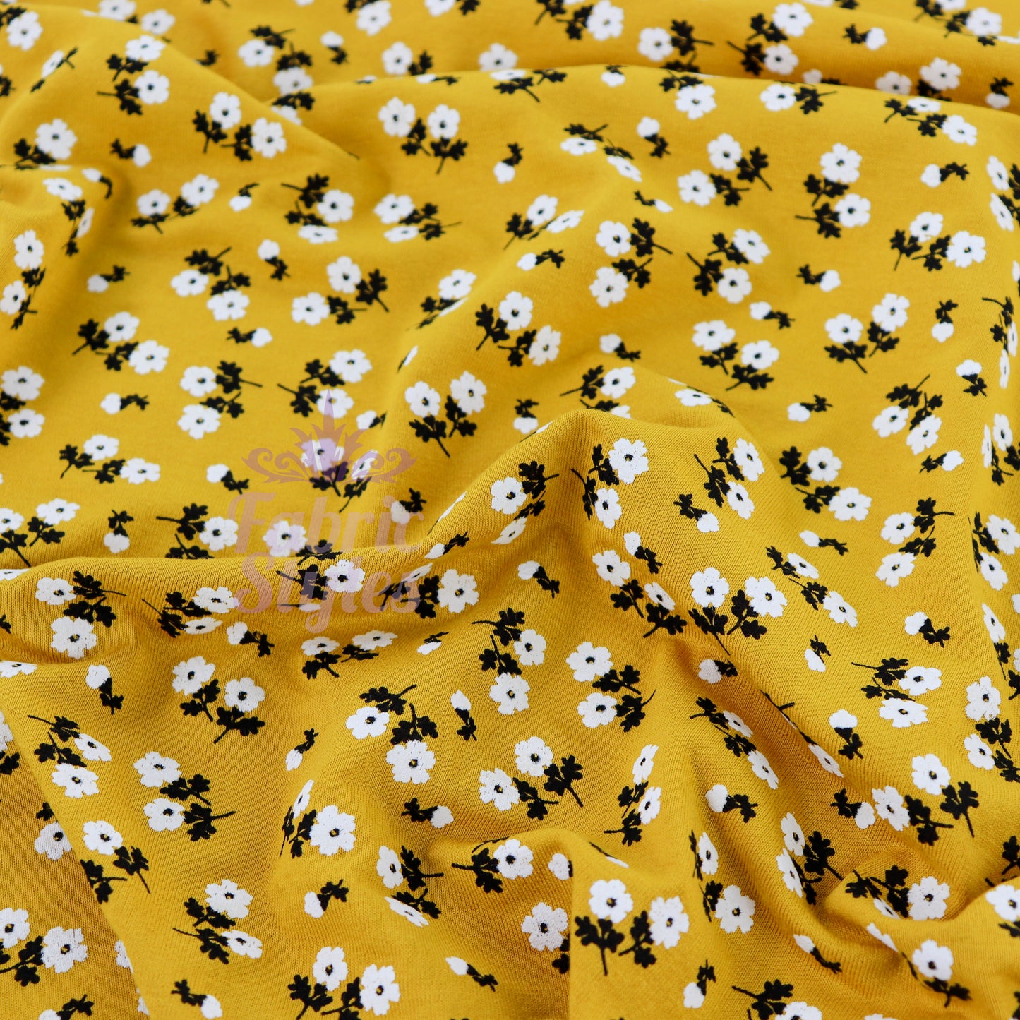Mustard Ditsy Black White Floral Viscose Elastane Fabric