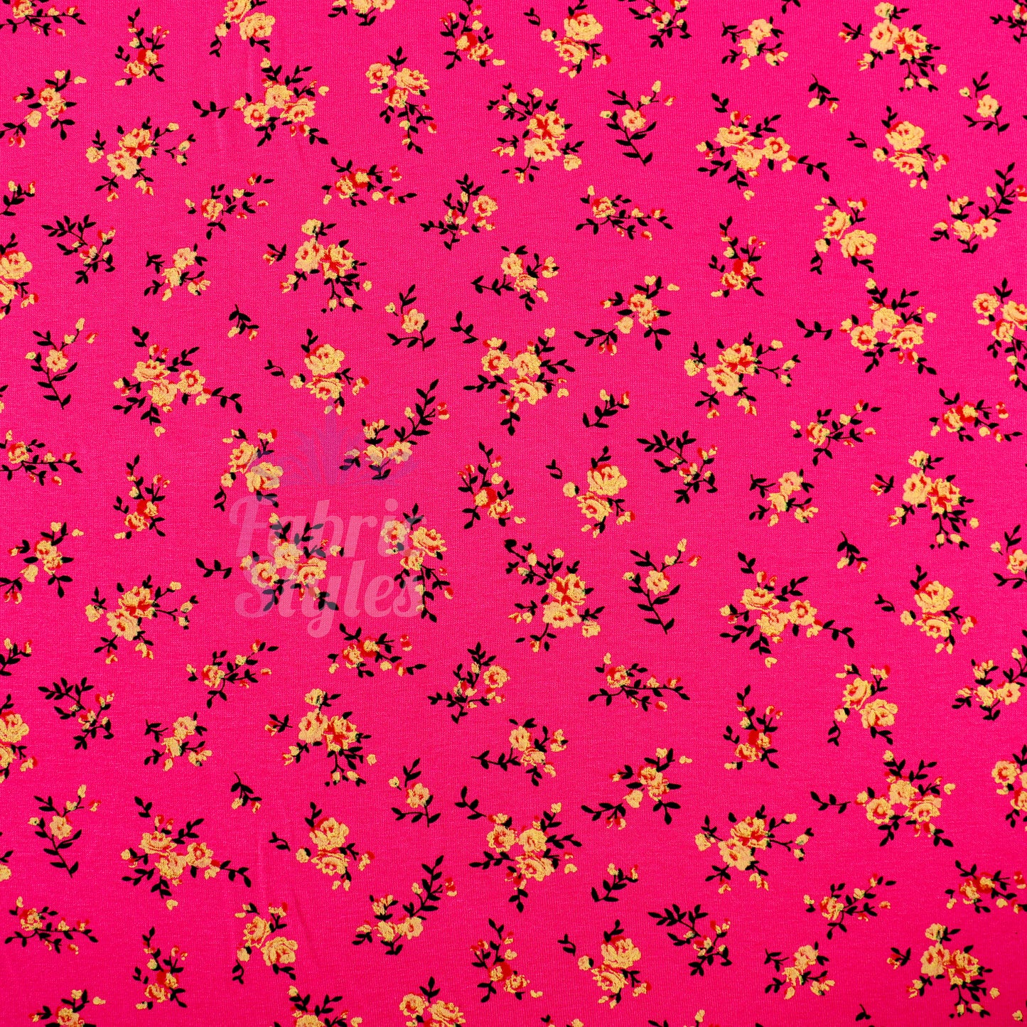 Magenta Floral Yellow Black Flowers Viscose Elastane Fabric