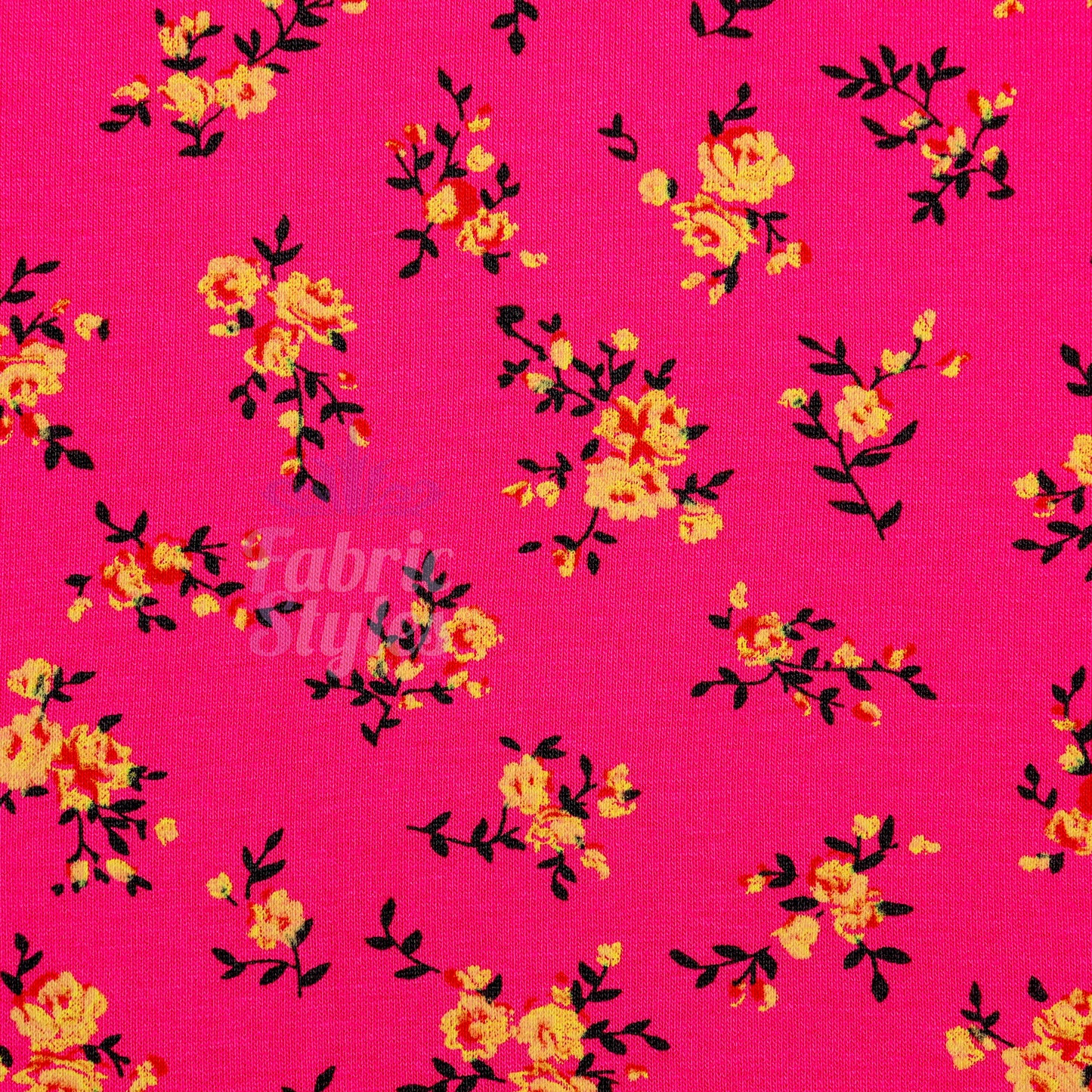 Magenta Floral Yellow Black Flowers Viscose Elastane Fabric
