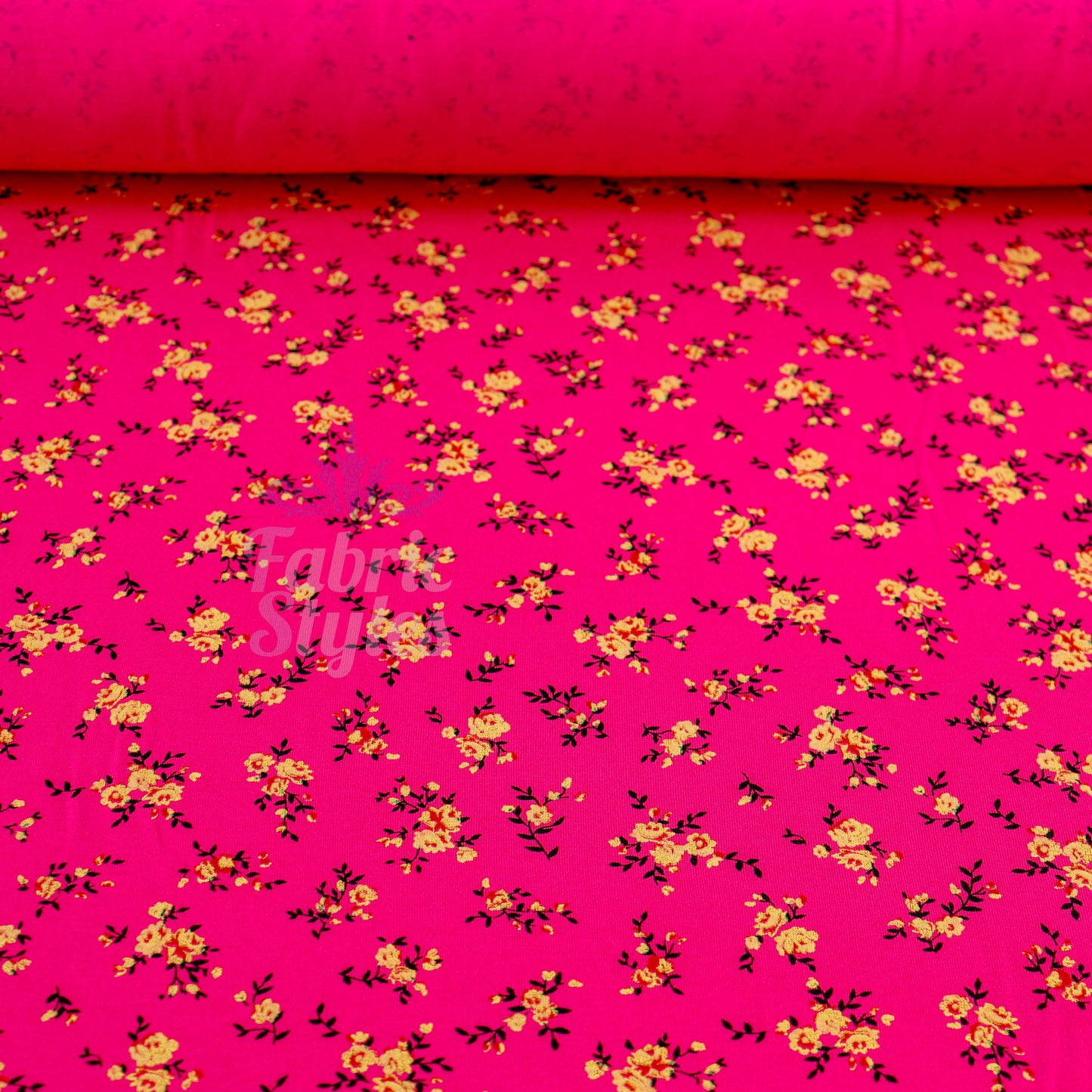 Magenta Floral Yellow Black Flowers Viscose Elastane Fabric