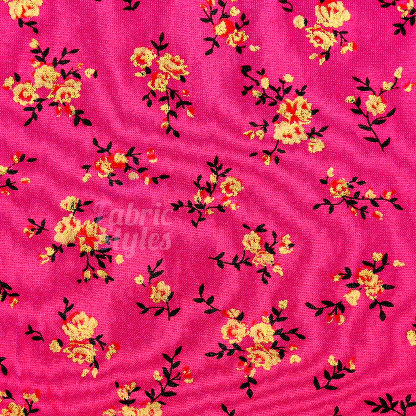 Magenta Floral Yellow Black Flowers Viscose Elastane Fabric
