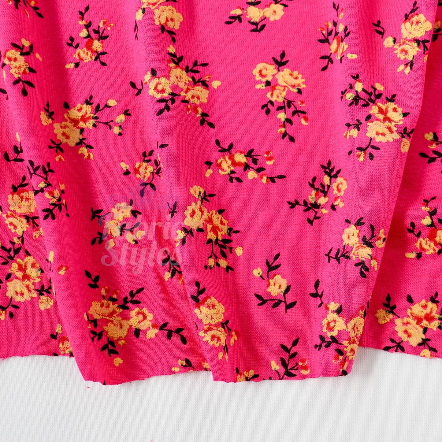Magenta Floral Yellow Black Flowers Viscose Elastane Fabric