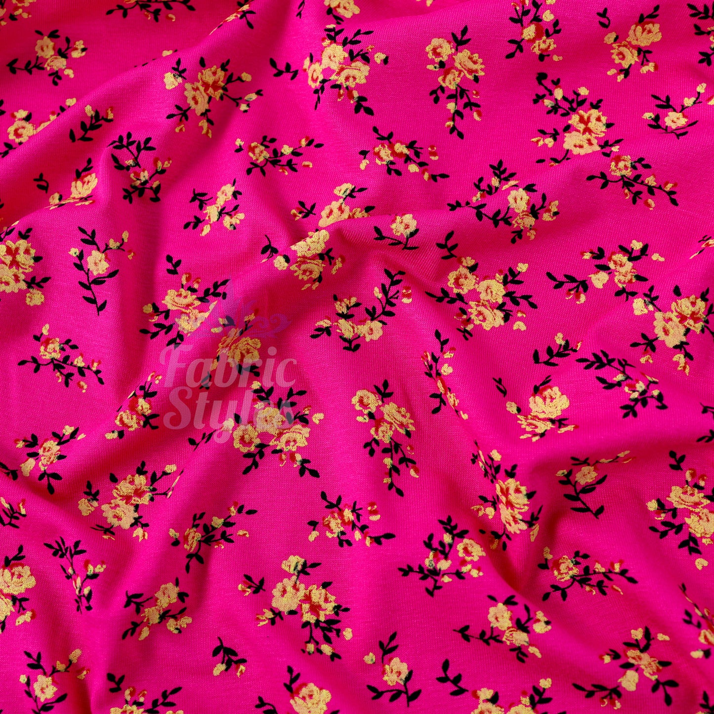 Magenta Floral Yellow Black Flowers Viscose Elastane Fabric