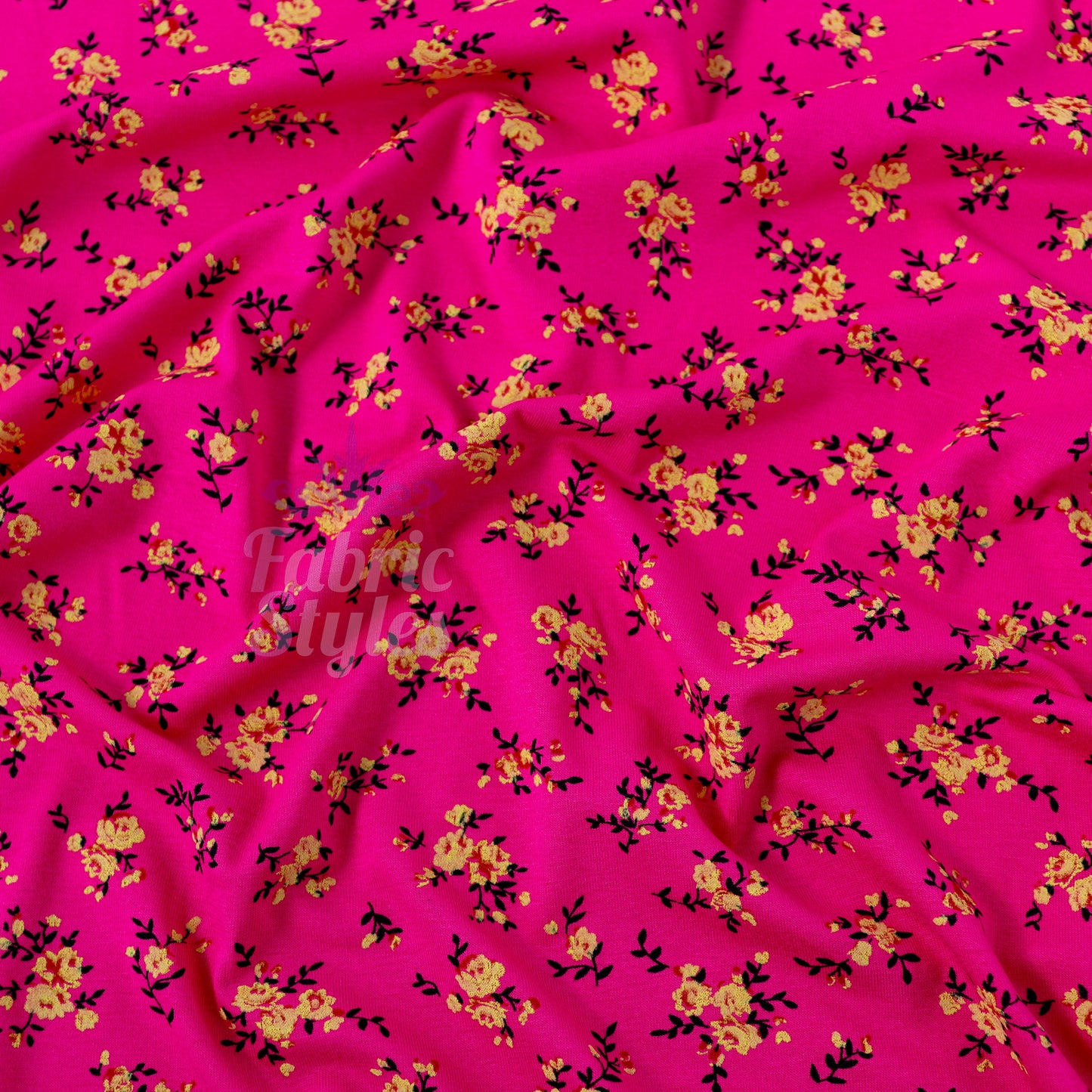 Magenta Floral Yellow Black Flowers Viscose Elastane Fabric