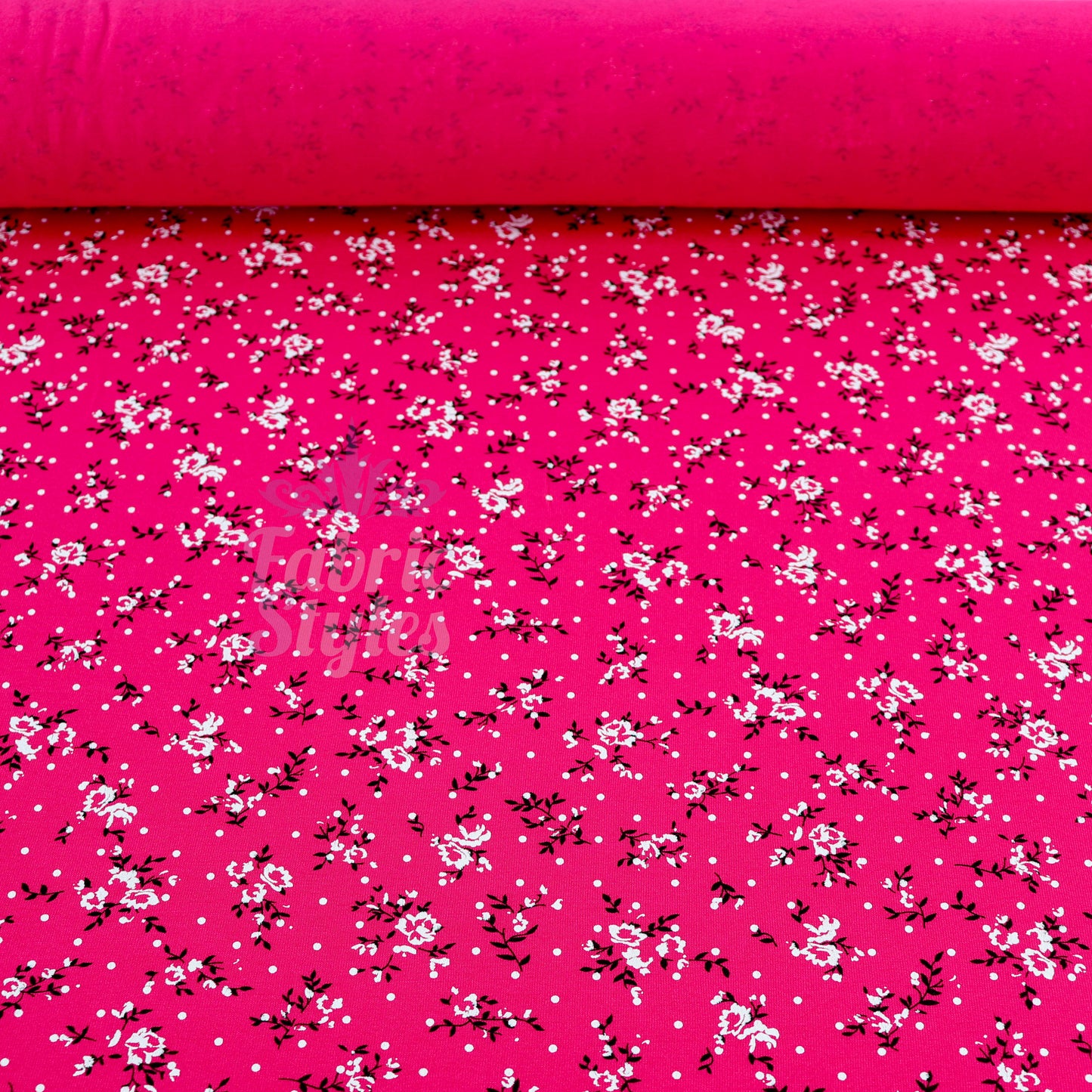 Pink Floral Black Polka Dot Viscose Elastane Fabric