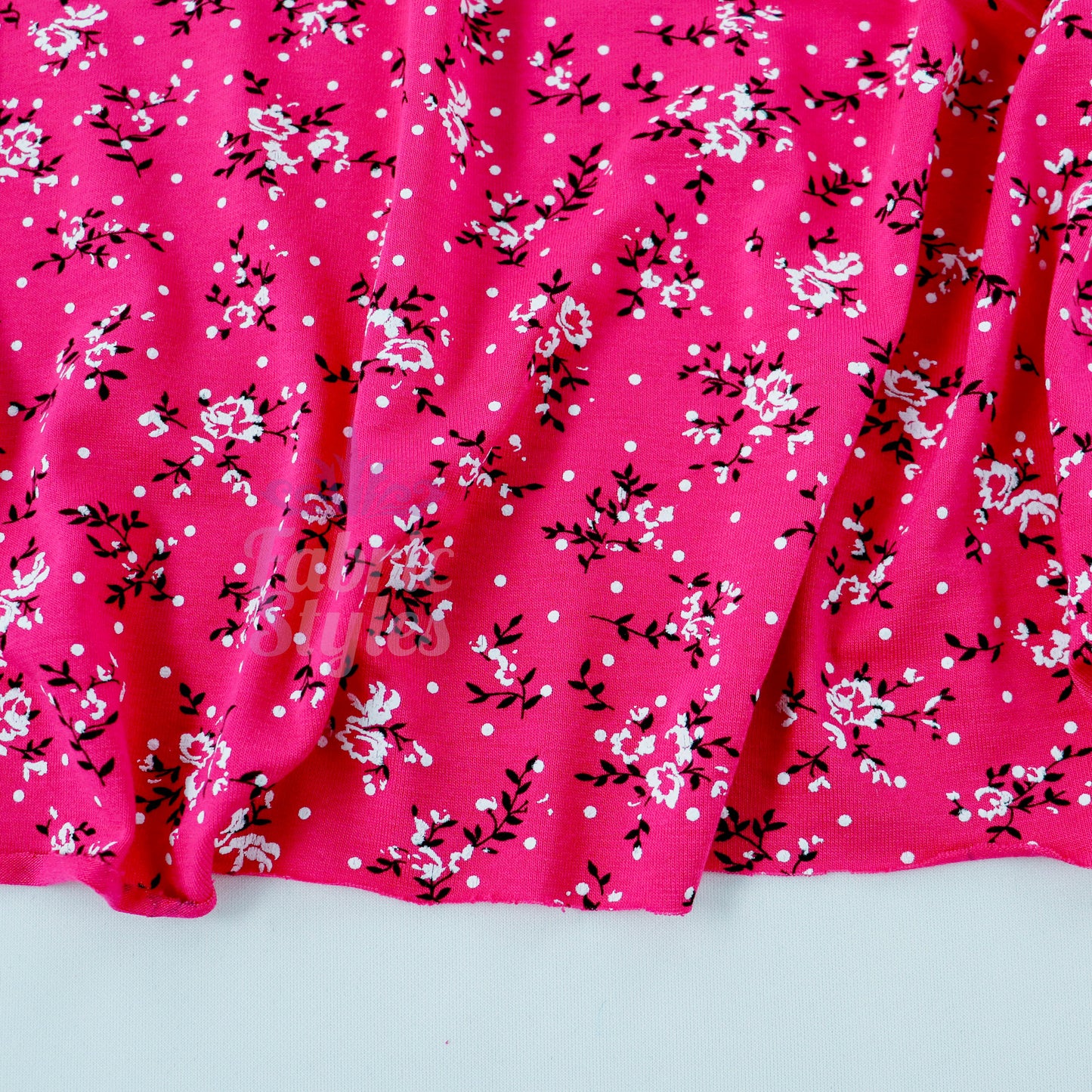 Pink Floral Black Polka Dot Viscose Elastane Fabric