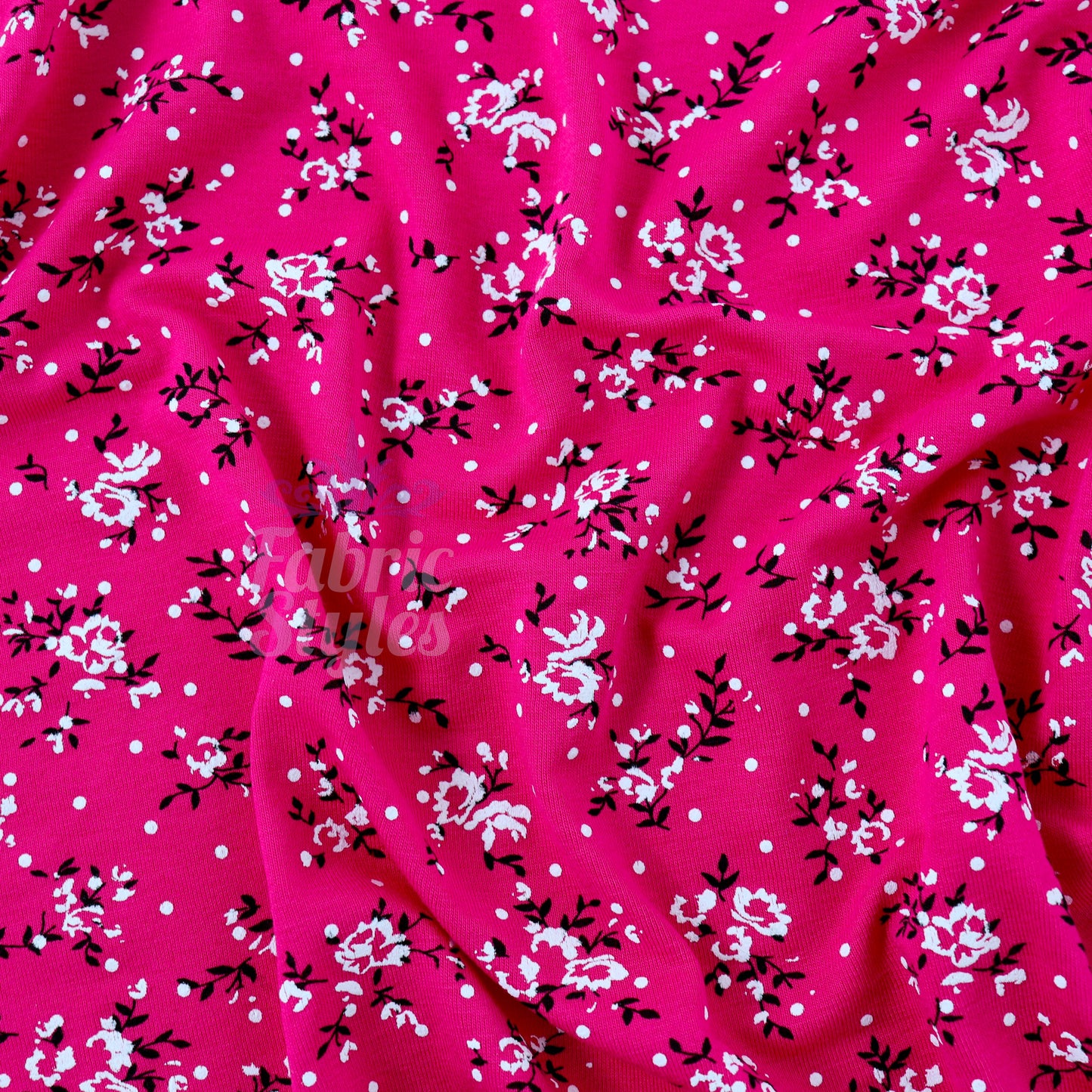 Pink Floral Black Polka Dot Viscose Elastane Fabric