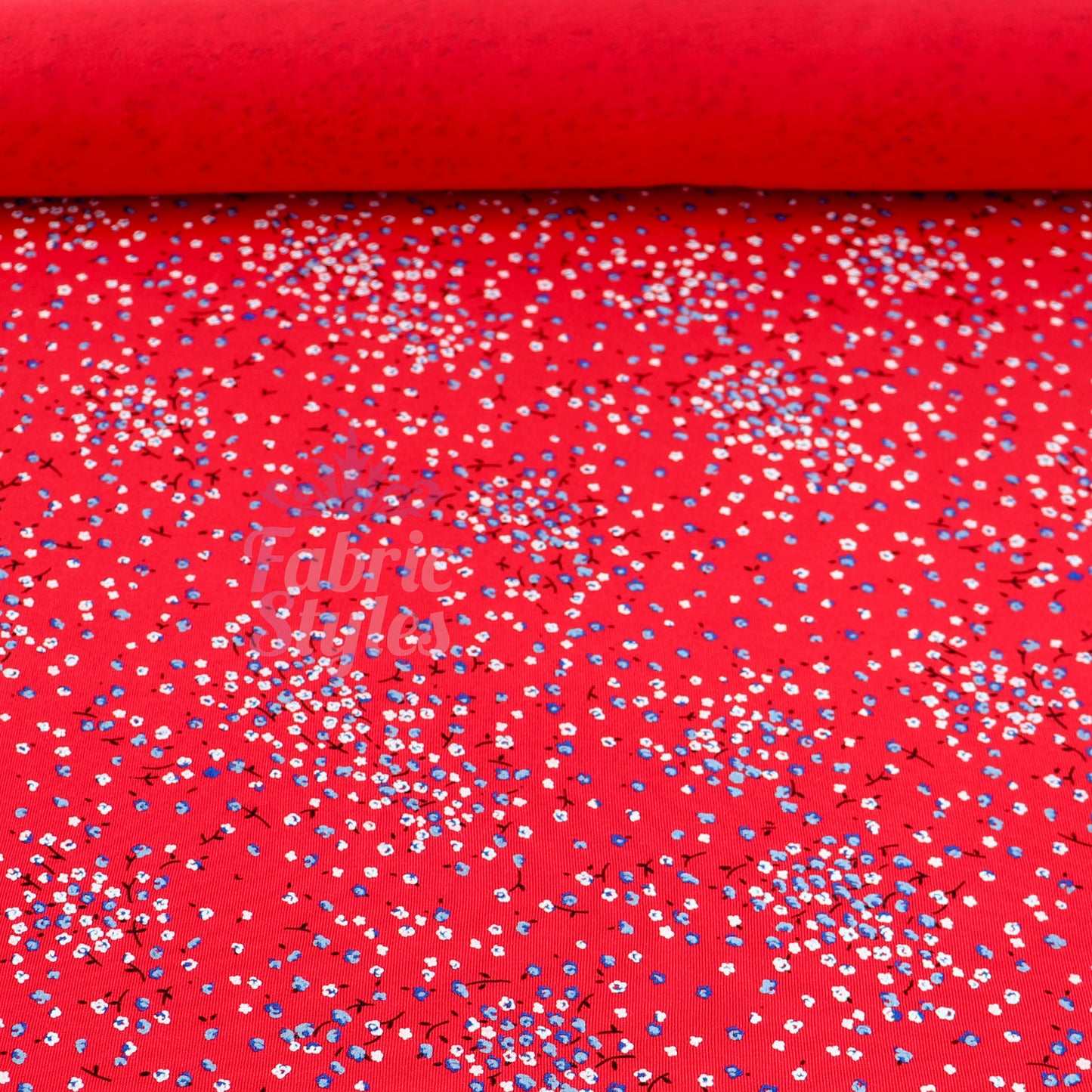 Red Ditsy Blue White Viscose Elastane Fabric