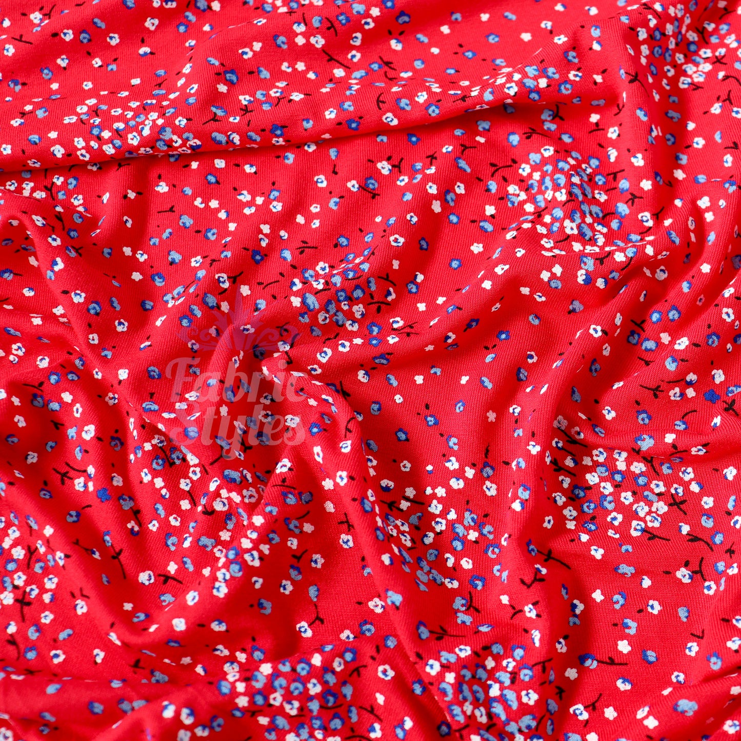 Red Ditsy Blue White Viscose Elastane Fabric