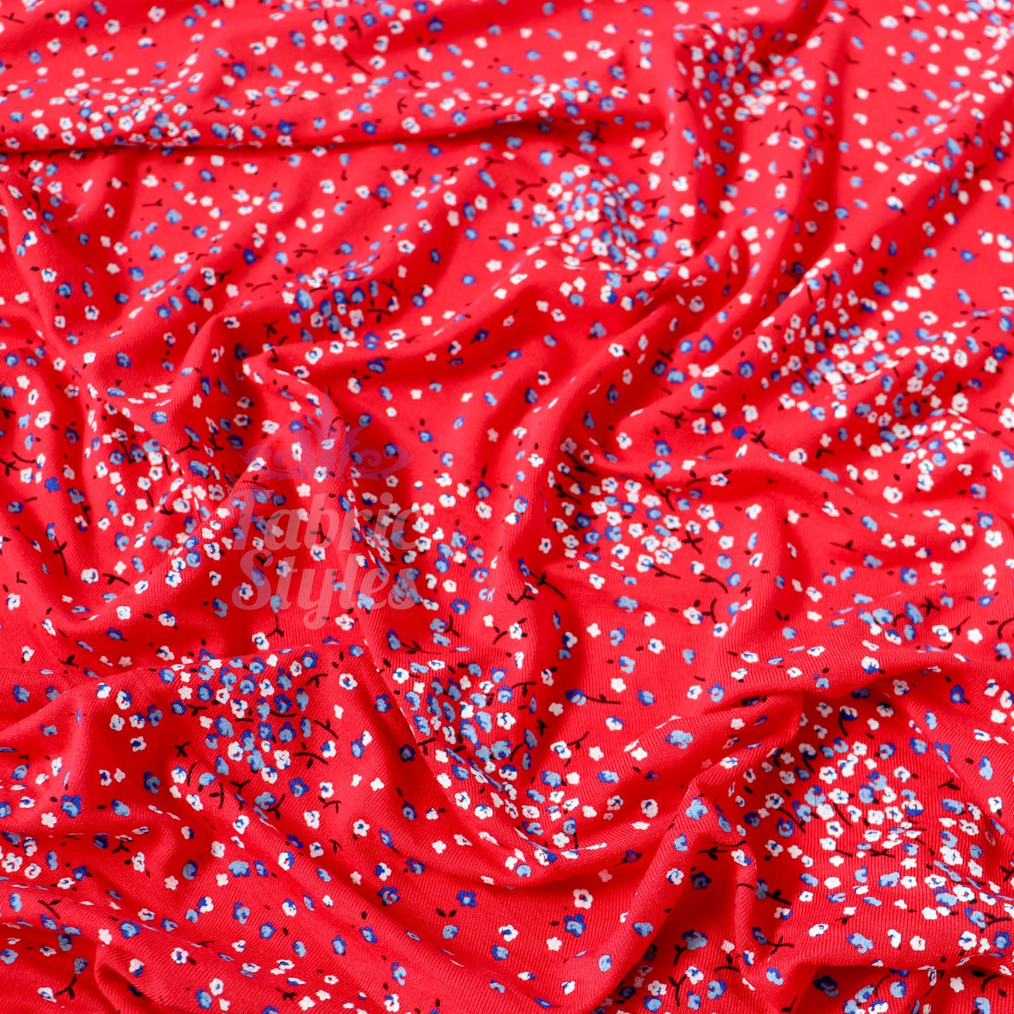 Red Ditsy Blue White Viscose Elastane Fabric
