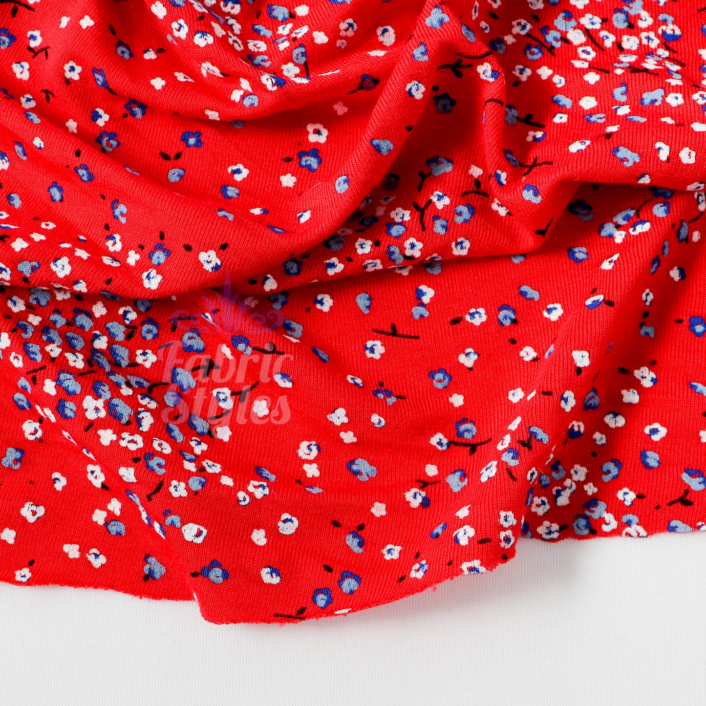 Red Ditsy Blue White Viscose Elastane Fabric