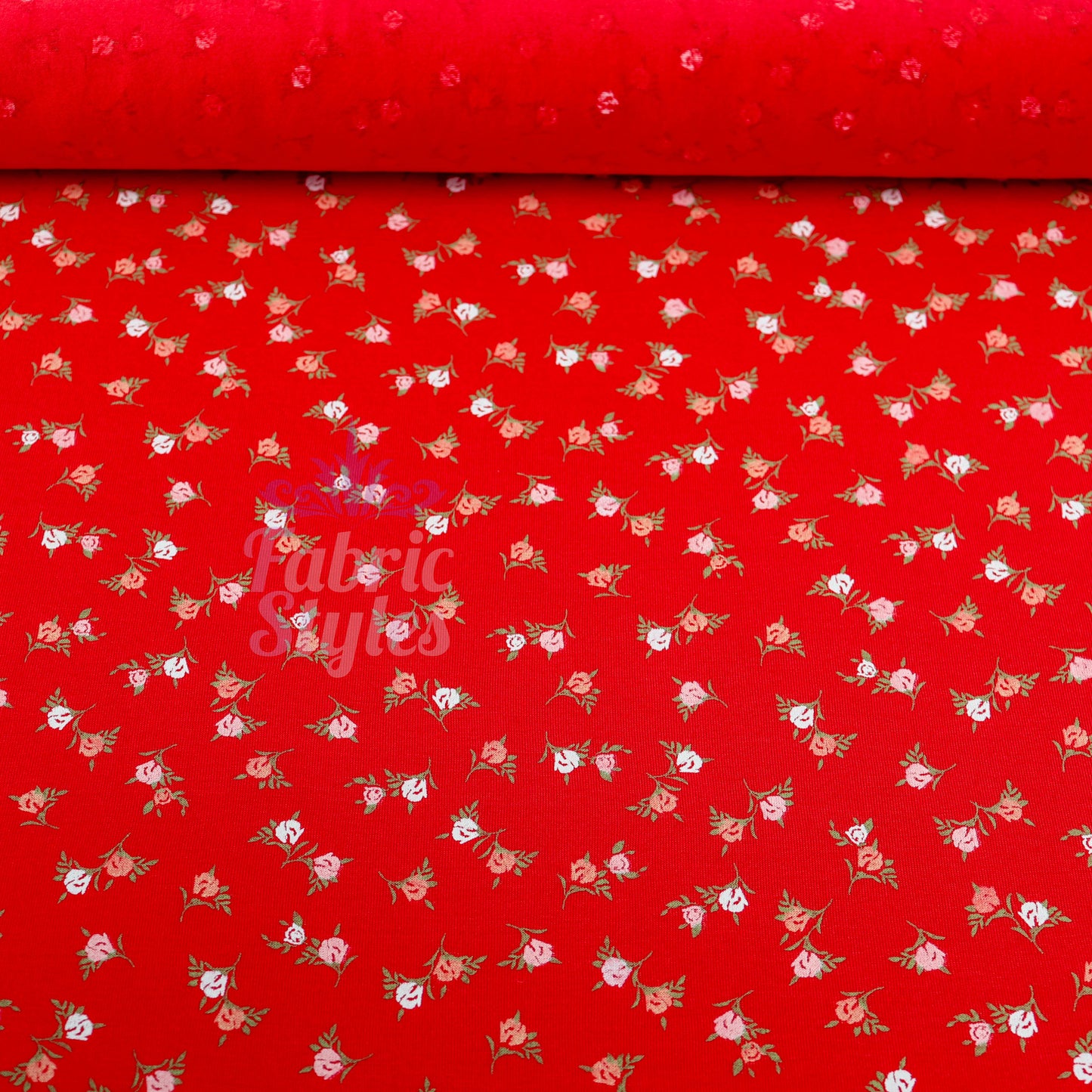 Red Ditsy Pink White Viscose Elastane Fabric
