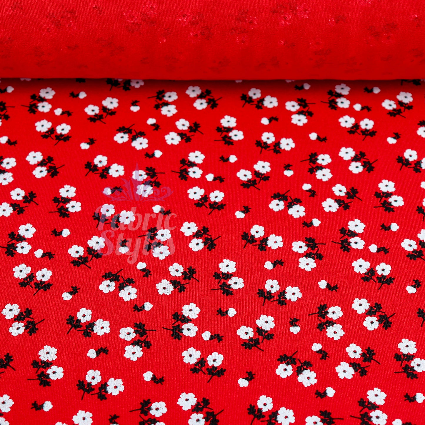 Red Ditsy Black White Viscose Elastane Fabric