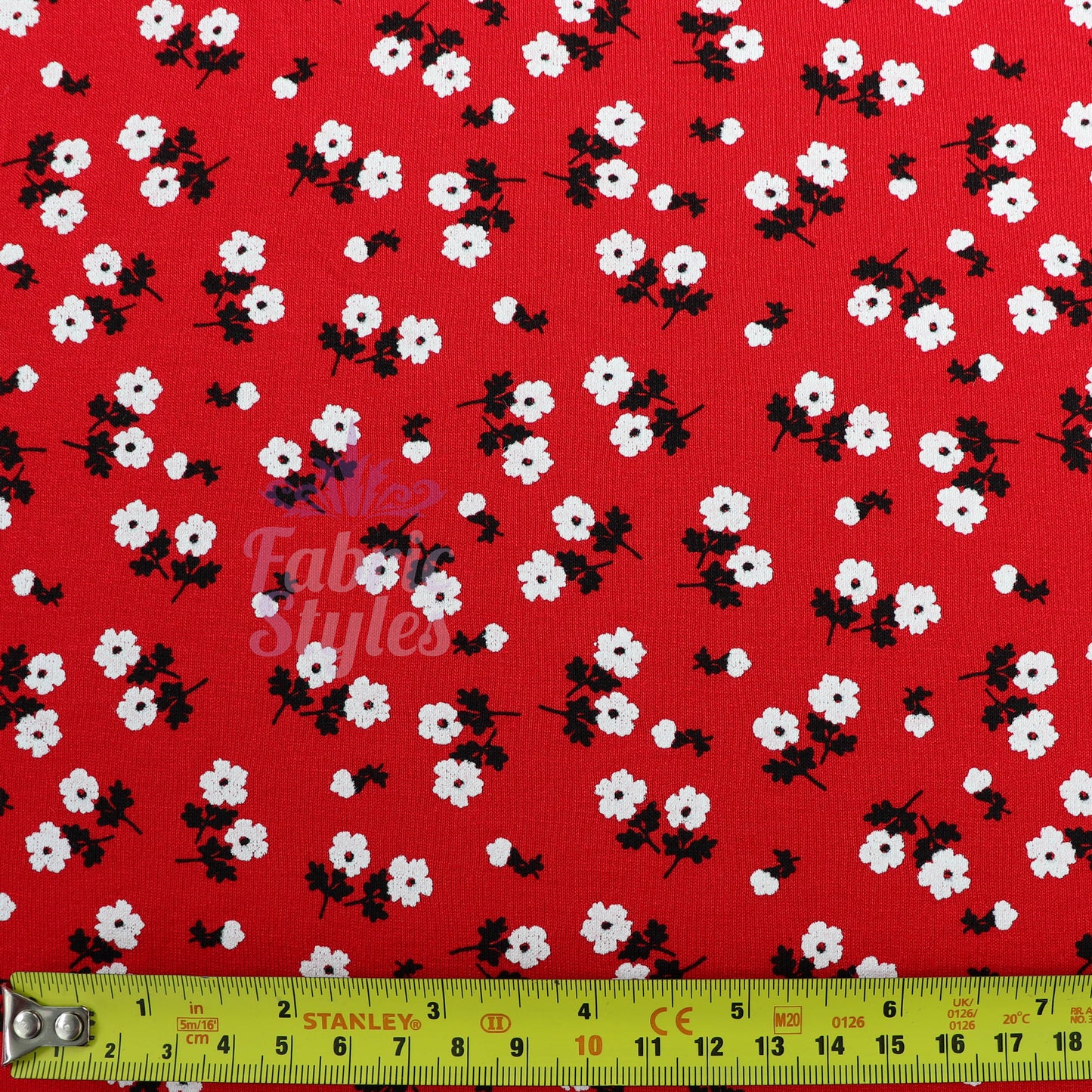Red Ditsy Black White Viscose Elastane Fabric