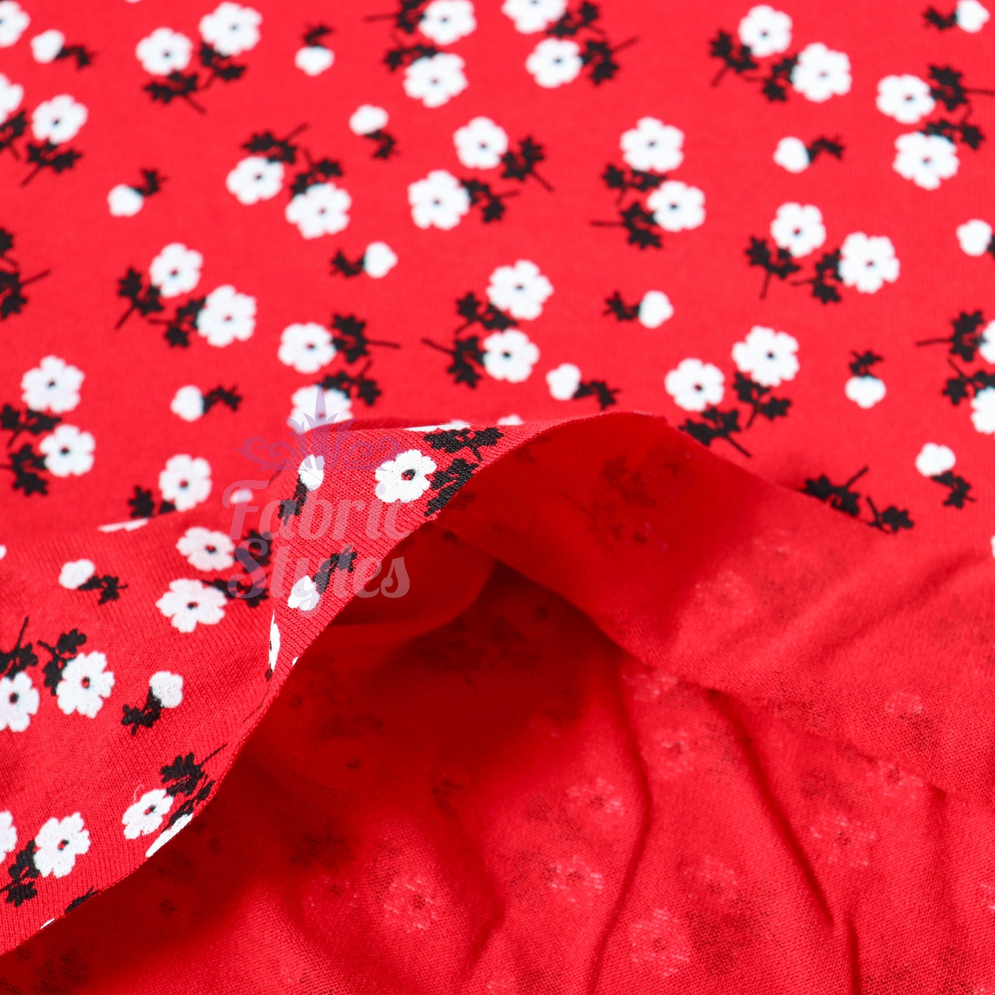 Red Ditsy Black White Viscose Elastane Fabric