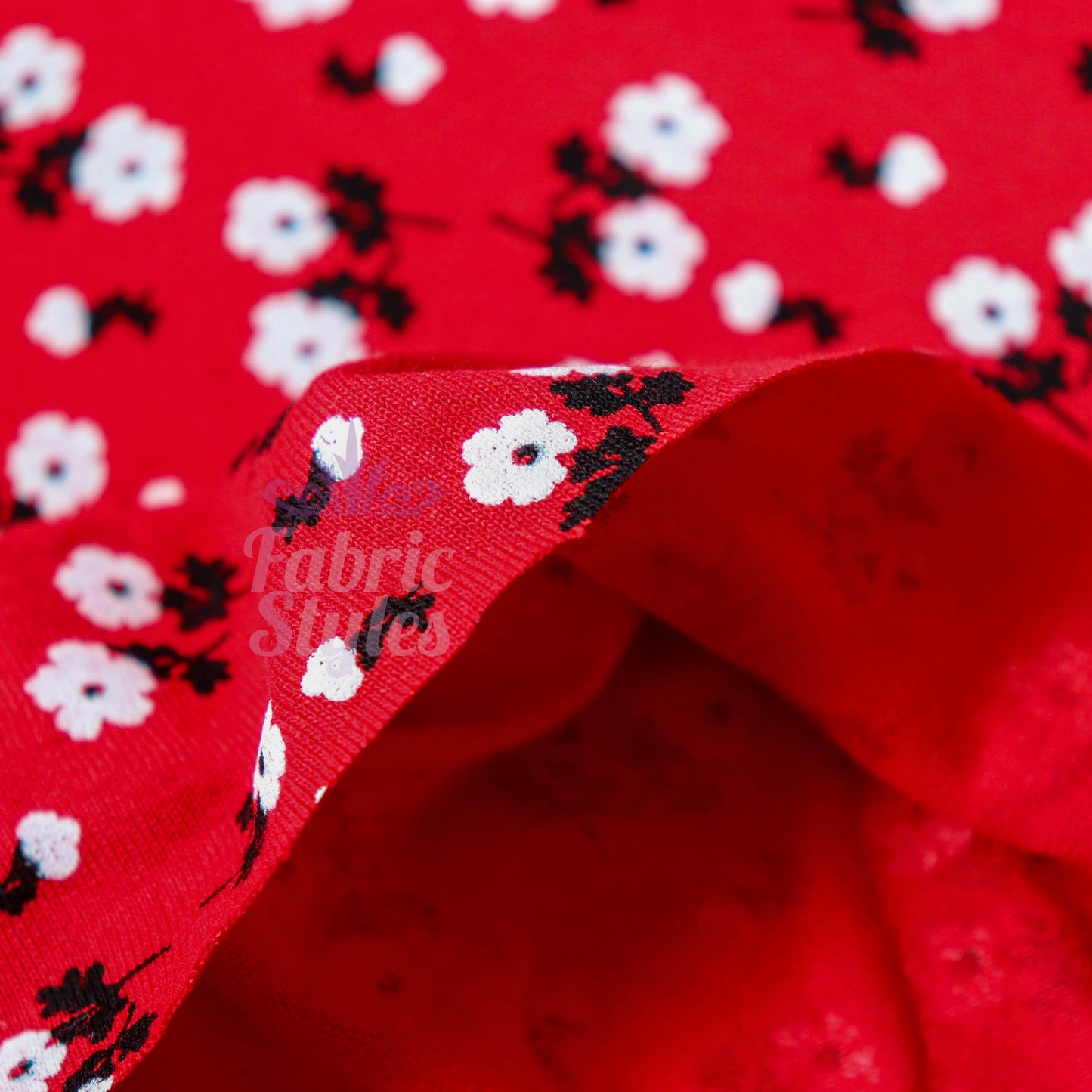 Red Ditsy Black White Viscose Elastane Fabric