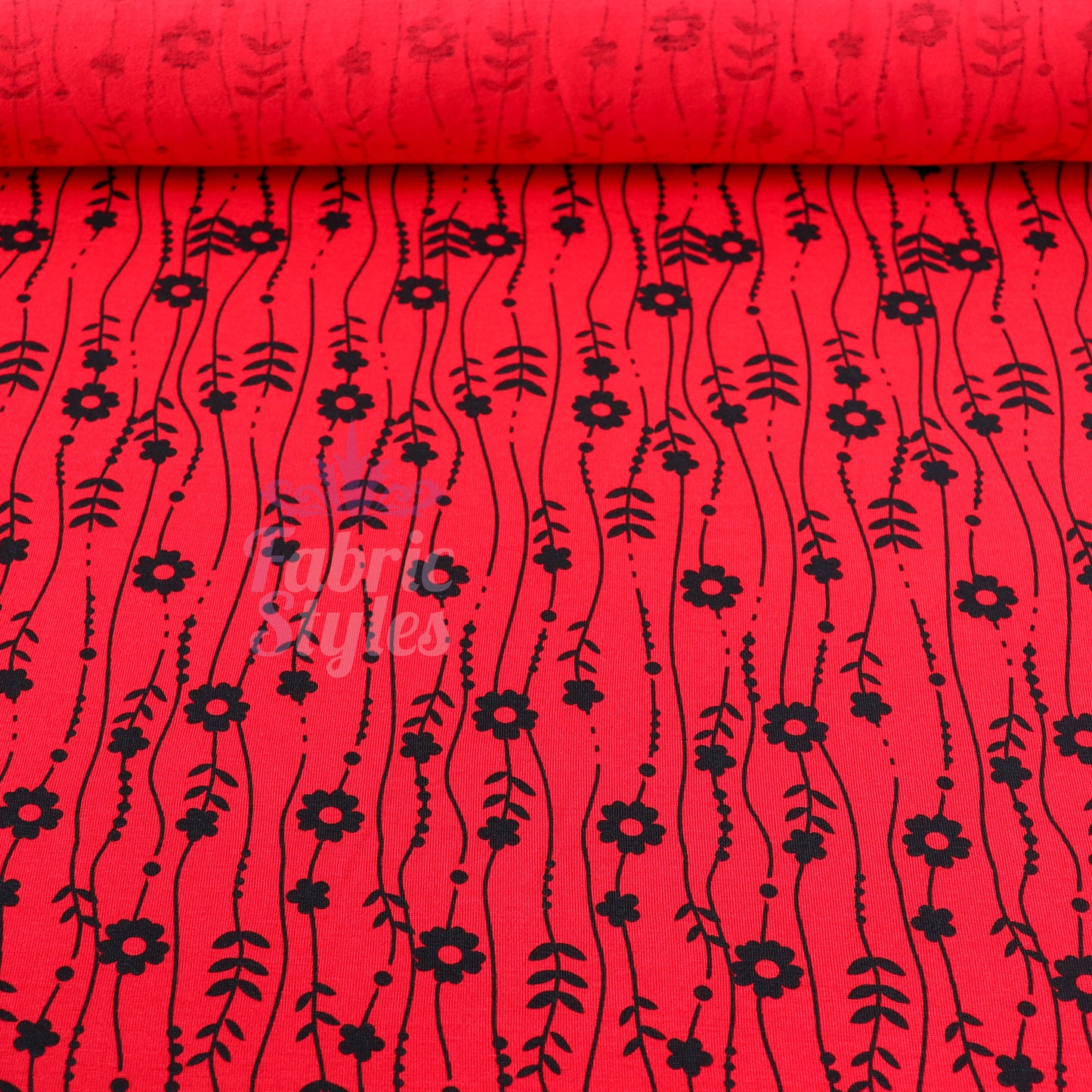 Red Stripe Floral Viscose Elastane Fabric