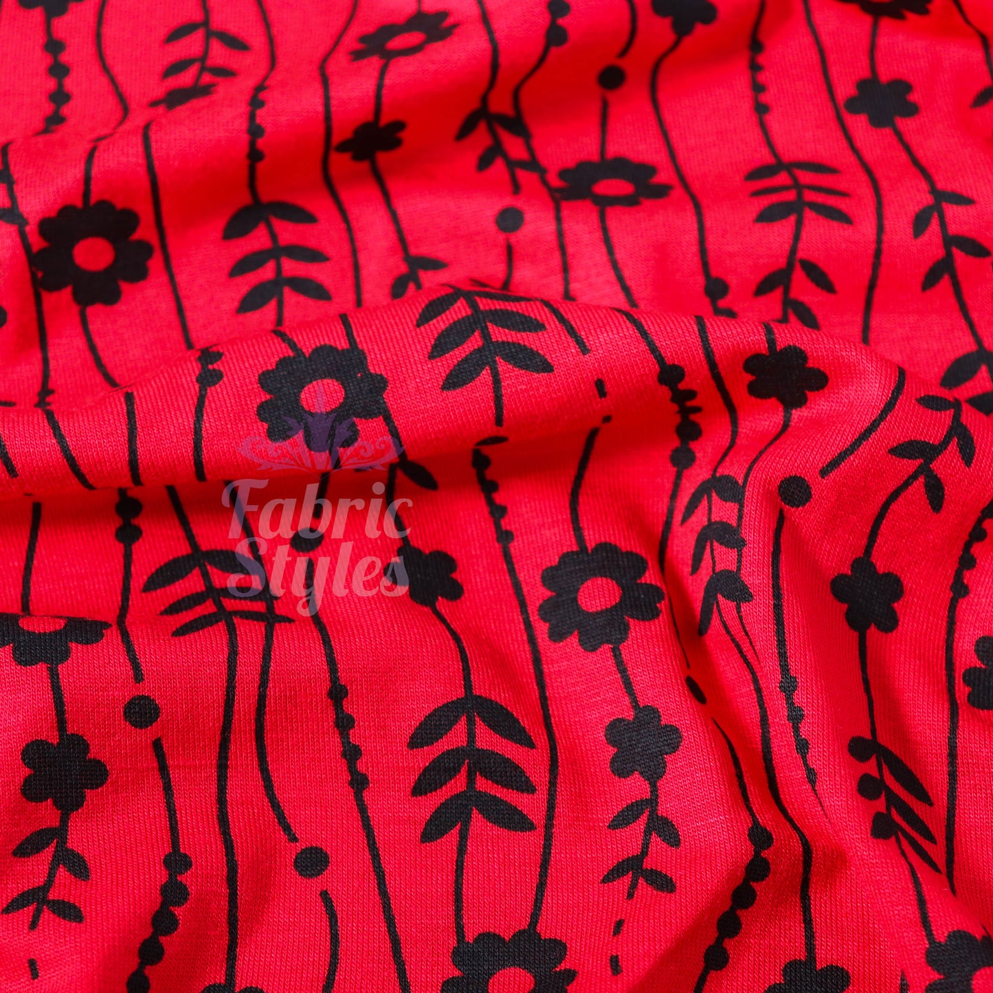 Red Stripe Floral Viscose Elastane Fabric