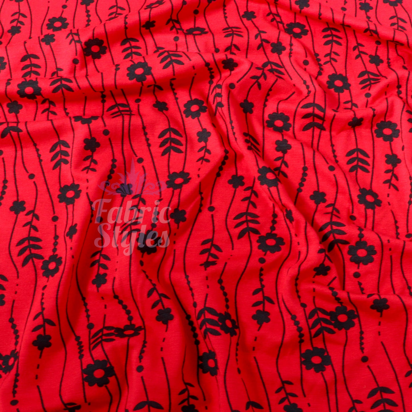 Red Stripe Floral Viscose Elastane Fabric