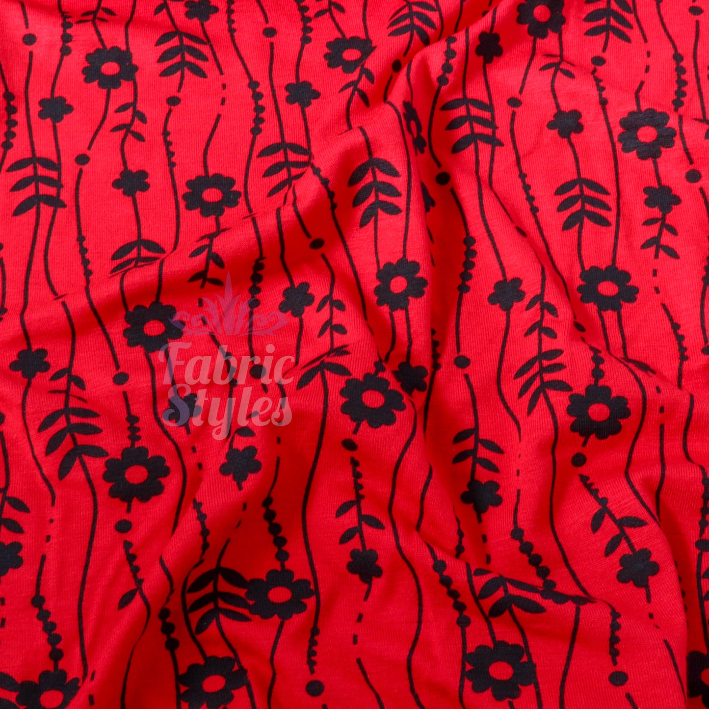 Red Stripe Floral Viscose Elastane Fabric