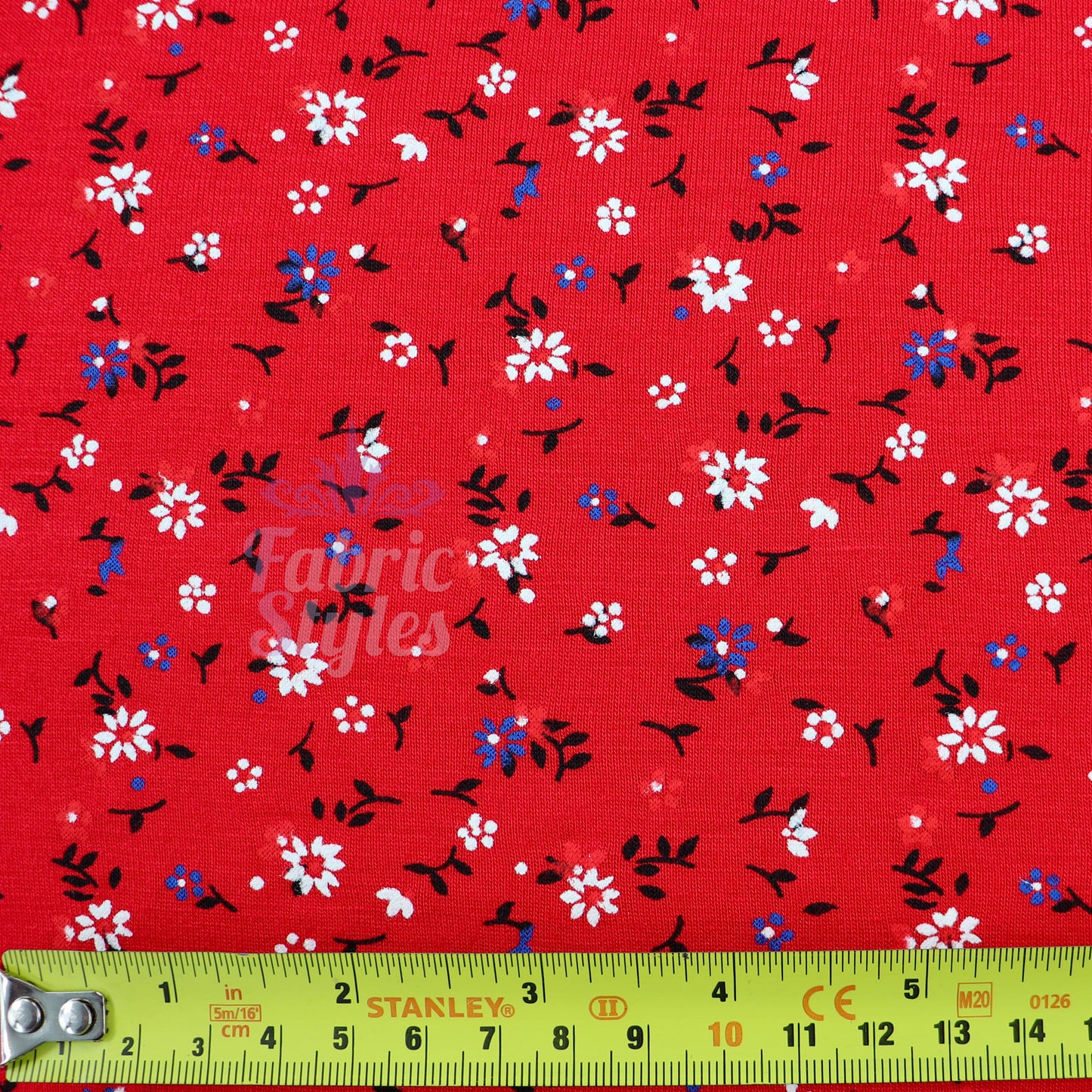 Red Ditsy Black Blue White Viscose Elastane Fabric