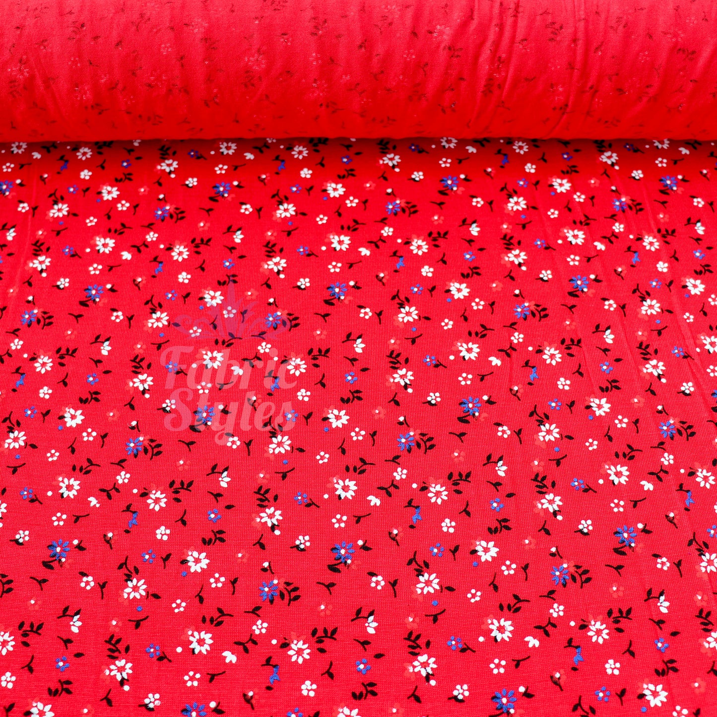 Red Ditsy Black Blue White Viscose Elastane Fabric