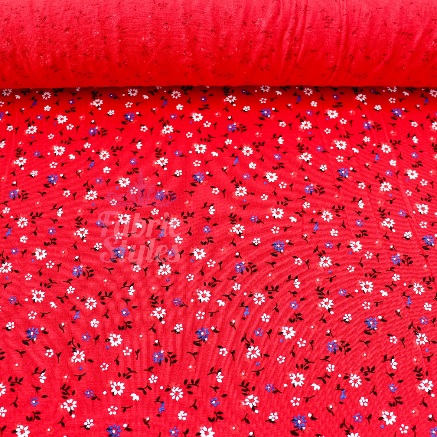 Red Ditsy Black Blue White Viscose Elastane Fabric