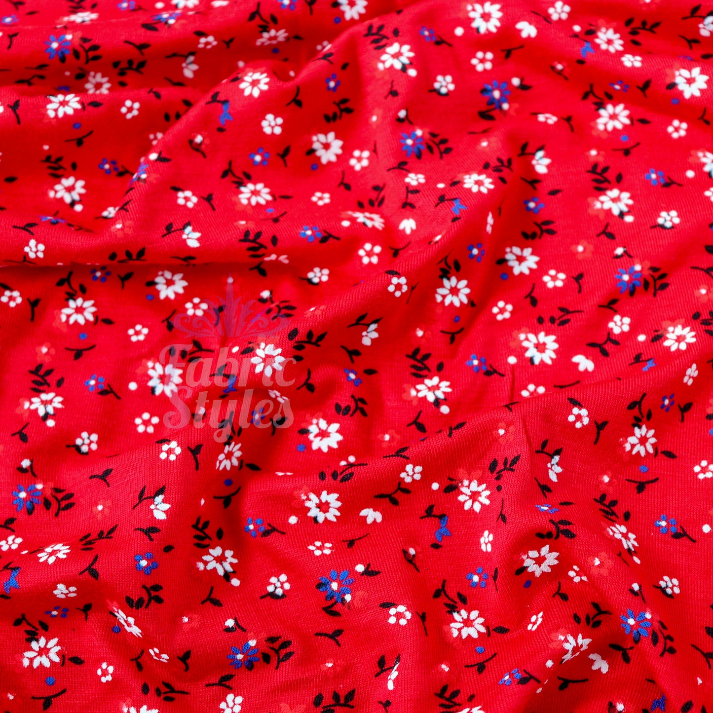 Red Ditsy Black Blue White Viscose Elastane Fabric
