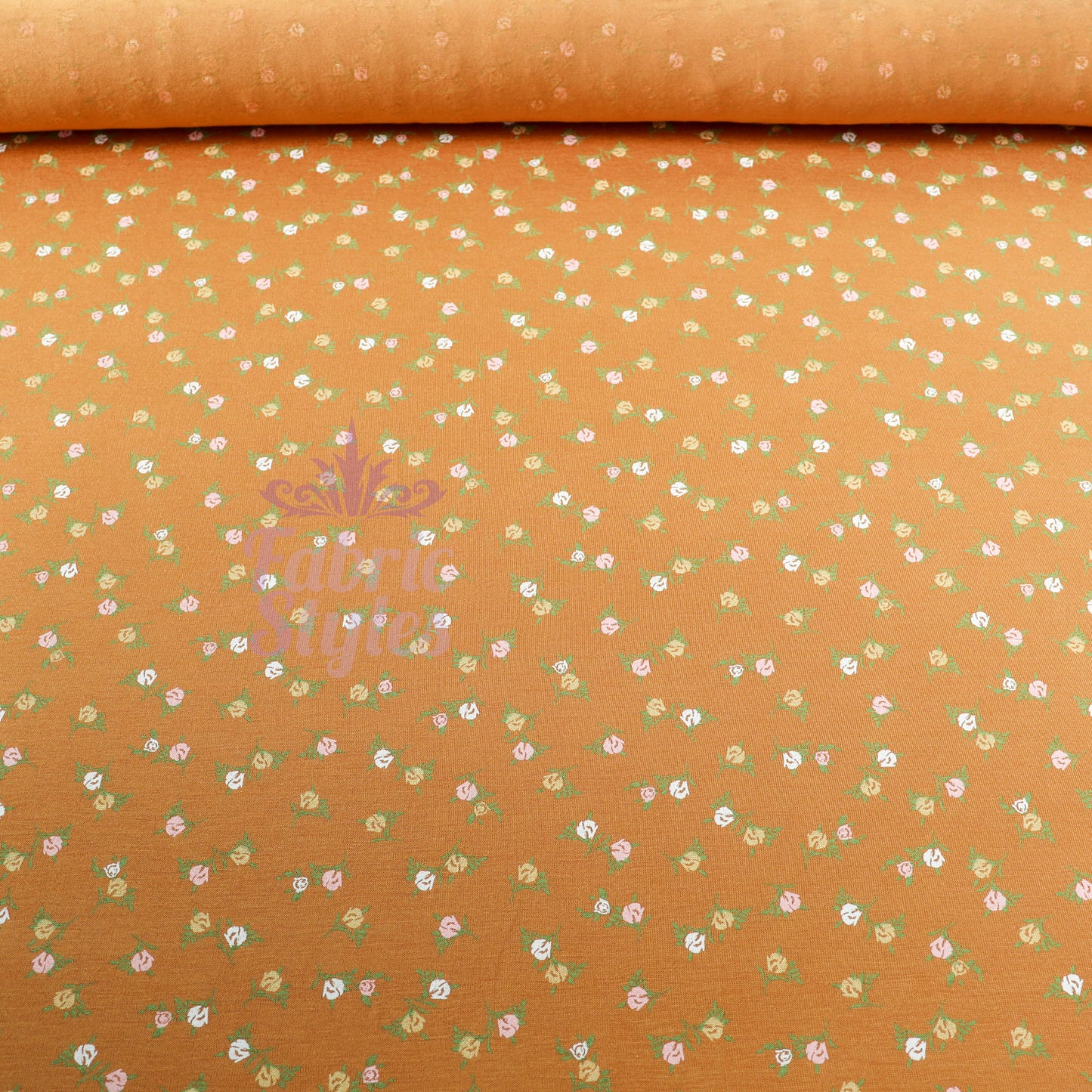 Mustard Ditsy Small Green Flowers Viscose Elastane Fabric