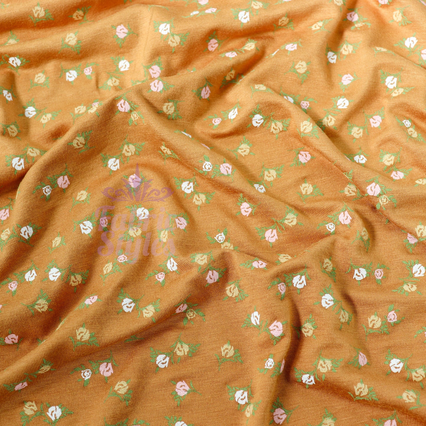 Mustard Ditsy Small Green Flowers Viscose Elastane Fabric