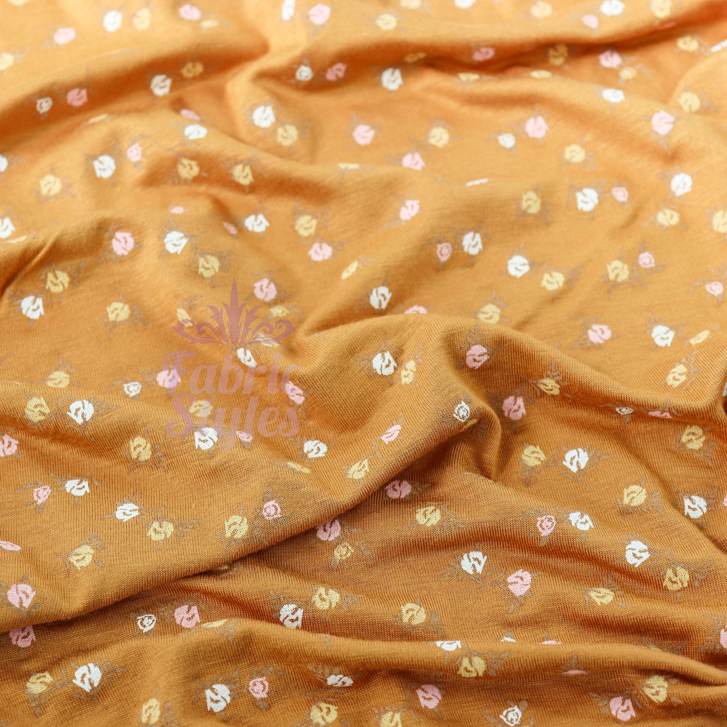 Mustard Ditsy Small Flowers Viscose Elastane Fabric