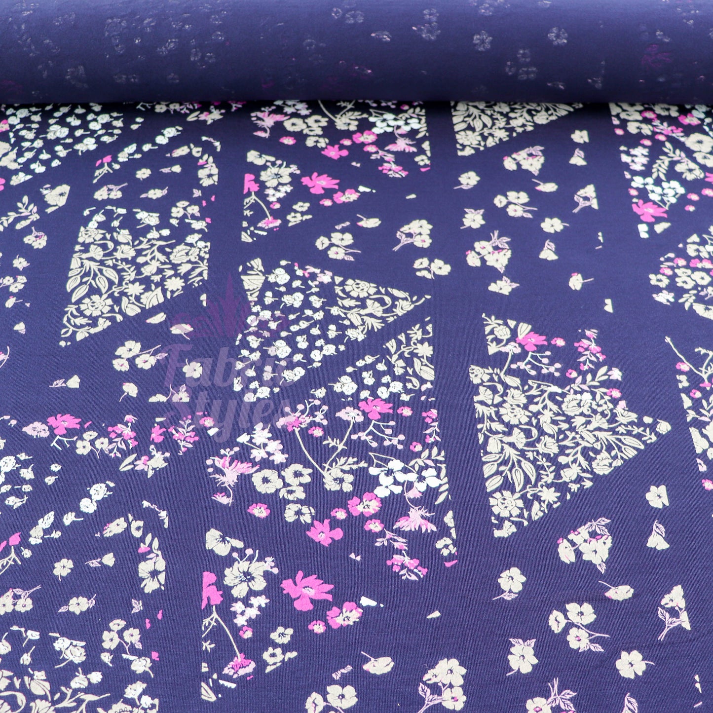 Navy Geometric Floral Pink Ditsy Viscose Elastane Fabric