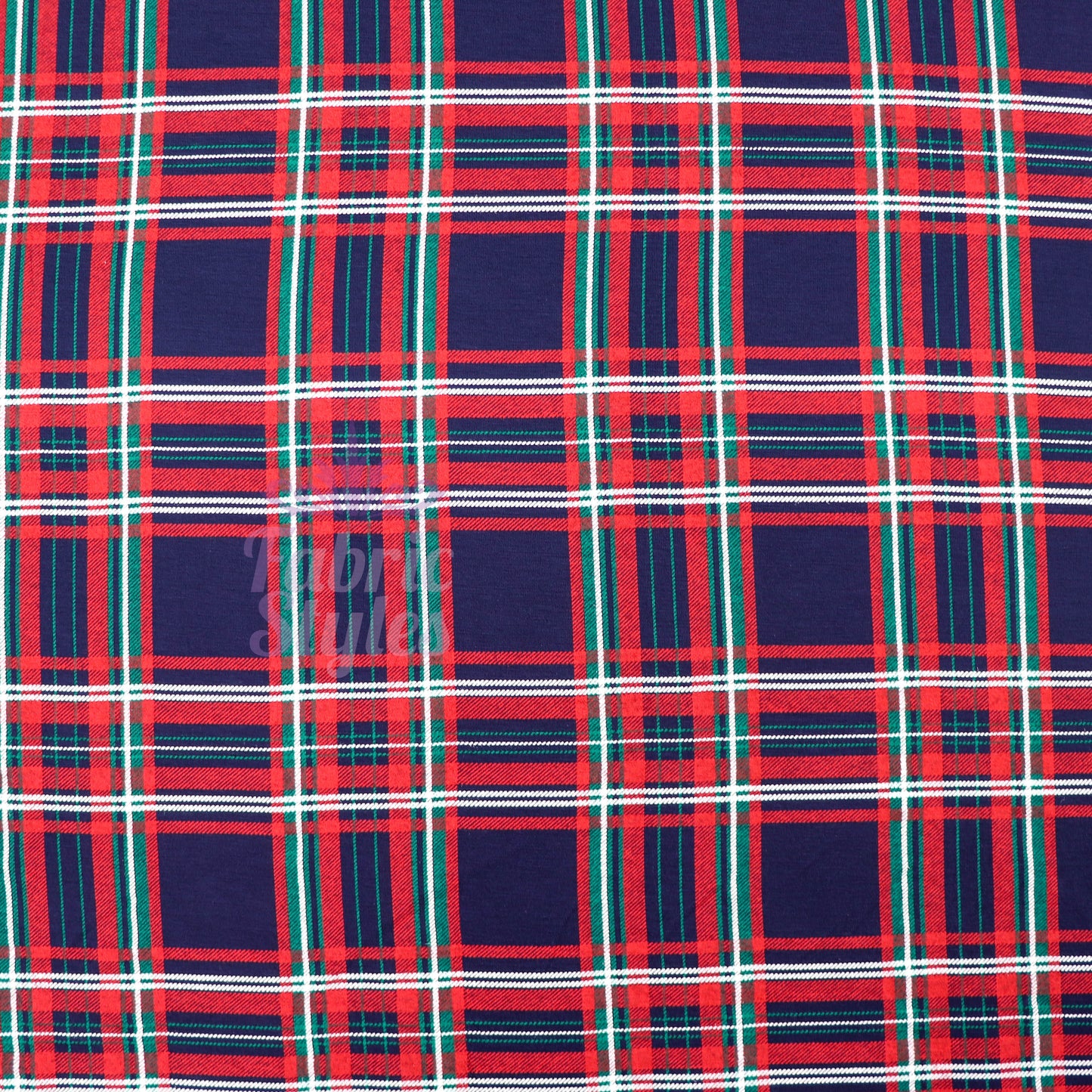 Navy Tartan Plaid with Red Green Stripes Viscose Elastane Fabric