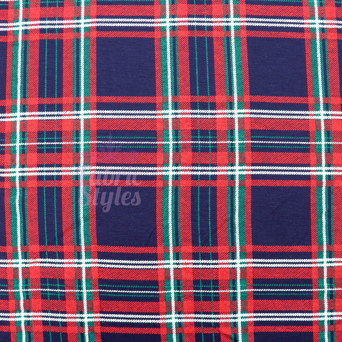 Navy Tartan Plaid with Red Green Stripes Viscose Elastane Fabric