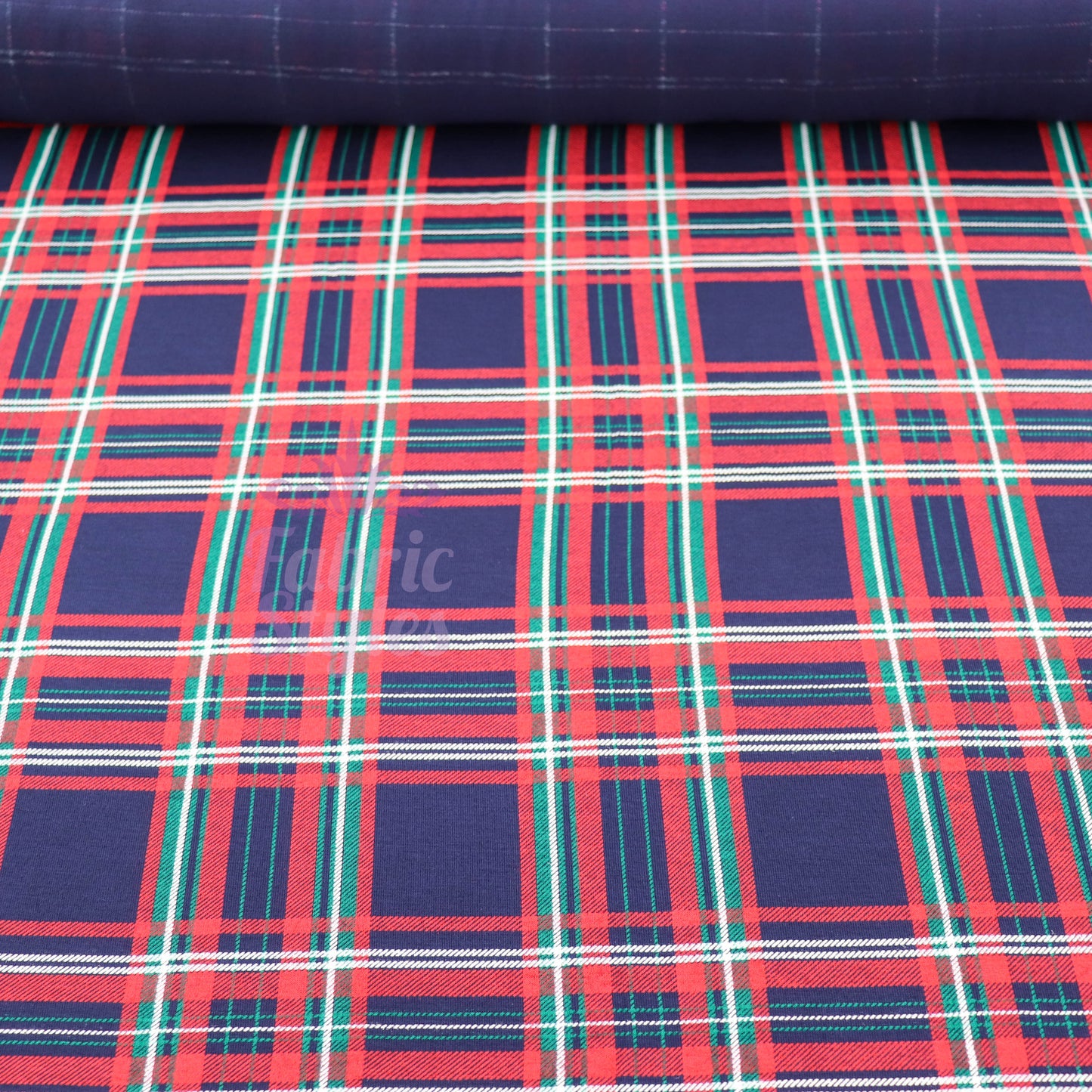Navy Tartan Plaid with Red Green Stripes Viscose Elastane Fabric