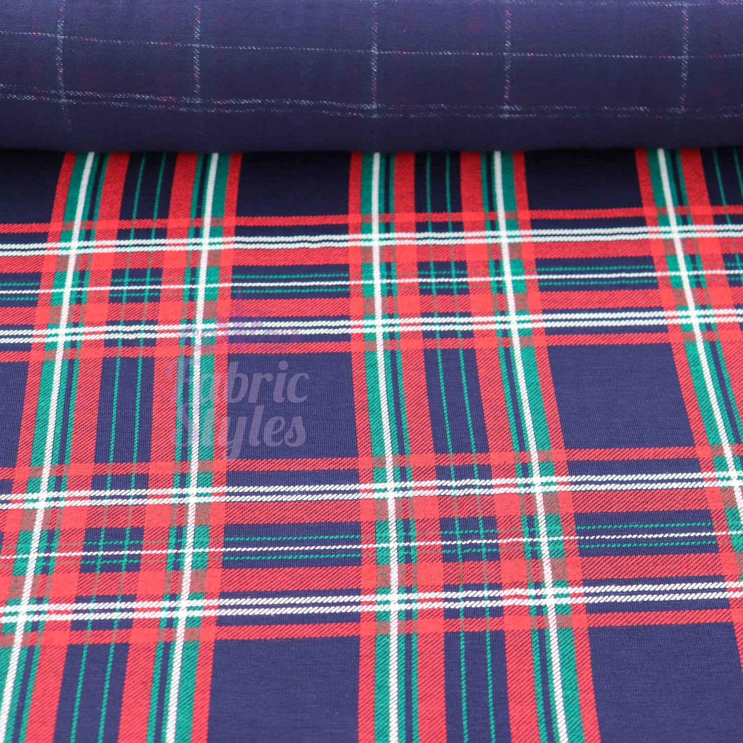 Navy Tartan Plaid with Red Green Stripes Viscose Elastane Fabric