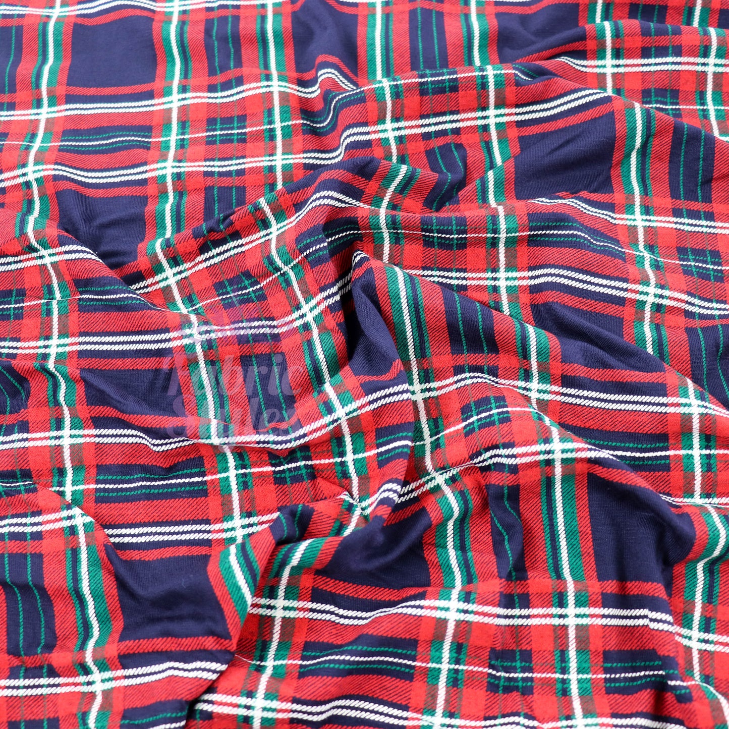 Navy Tartan Plaid with Red Green Stripes Viscose Elastane Fabric