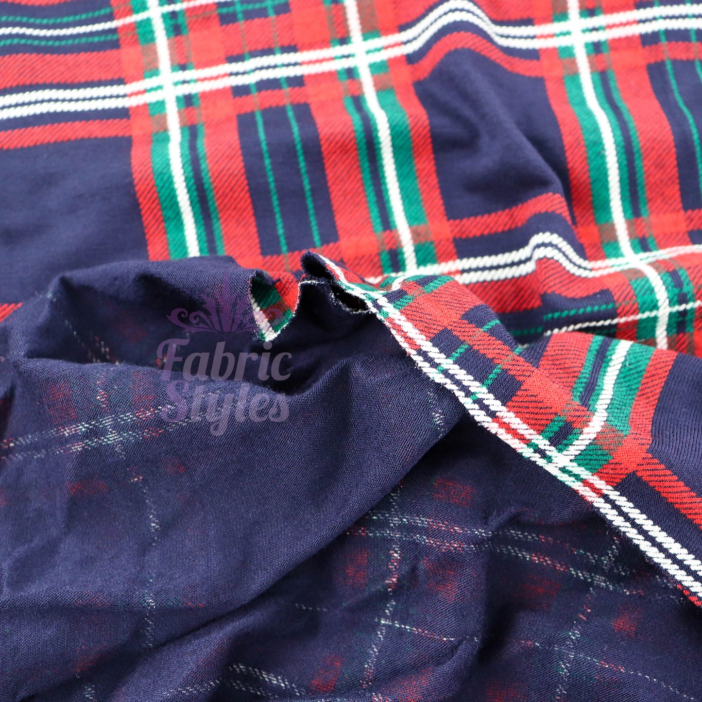 Navy Tartan Plaid with Red Green Stripes Viscose Elastane Fabric