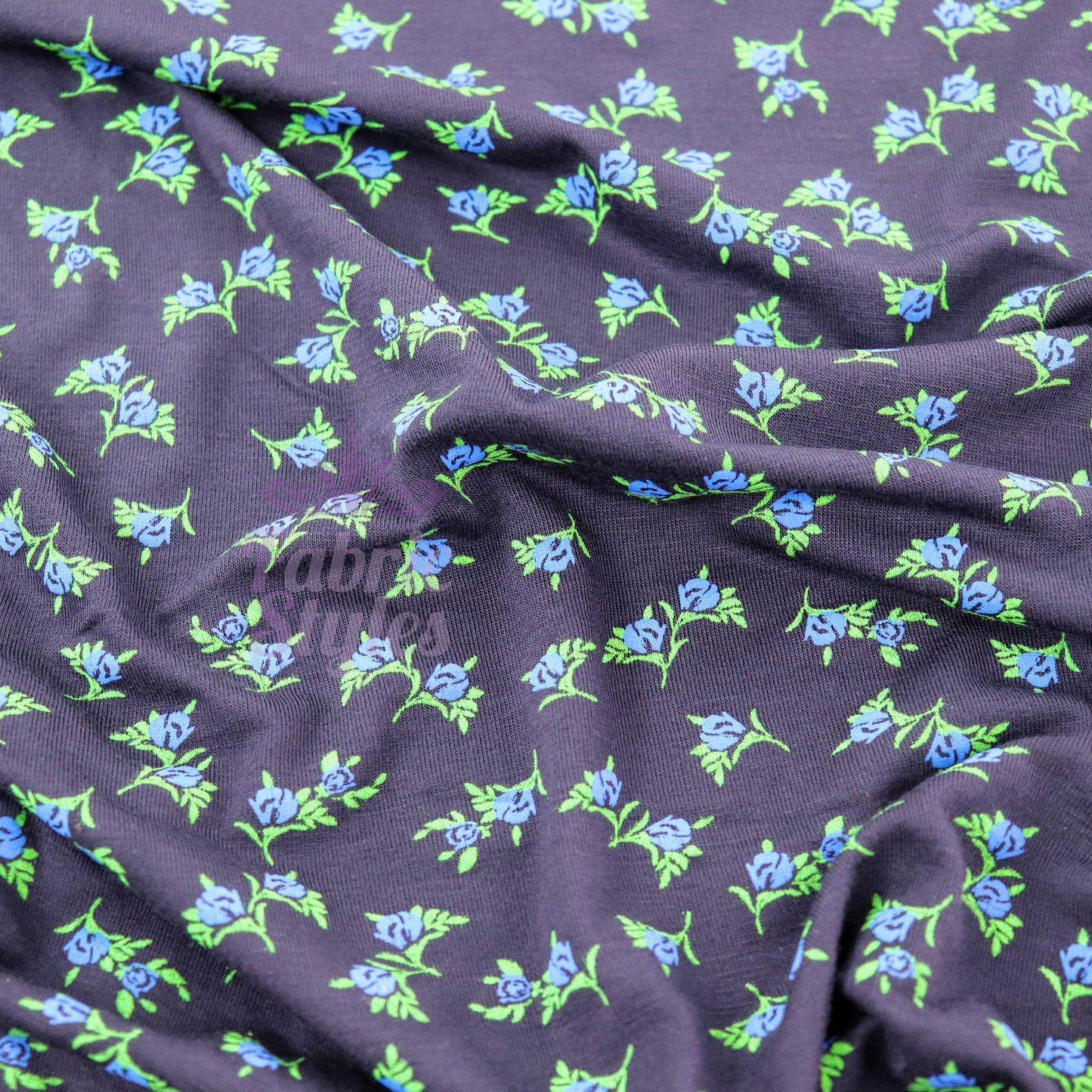 Navy Ditsy Small Floral Blue Roses Green Leaves Viscose Elastane Fabric