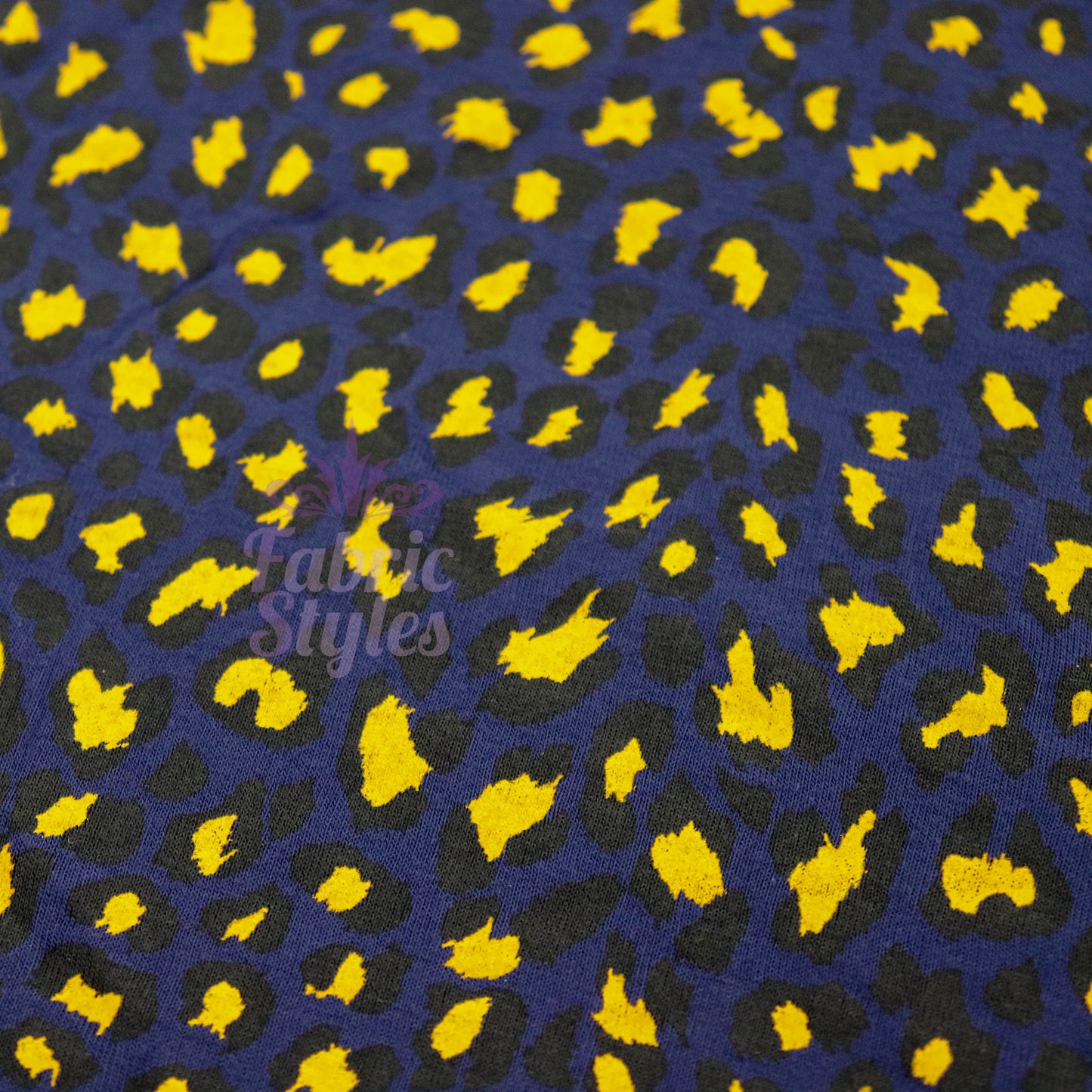Navy Animal Print Fabric Yellow Black Spots Viscose Elastane Fabric