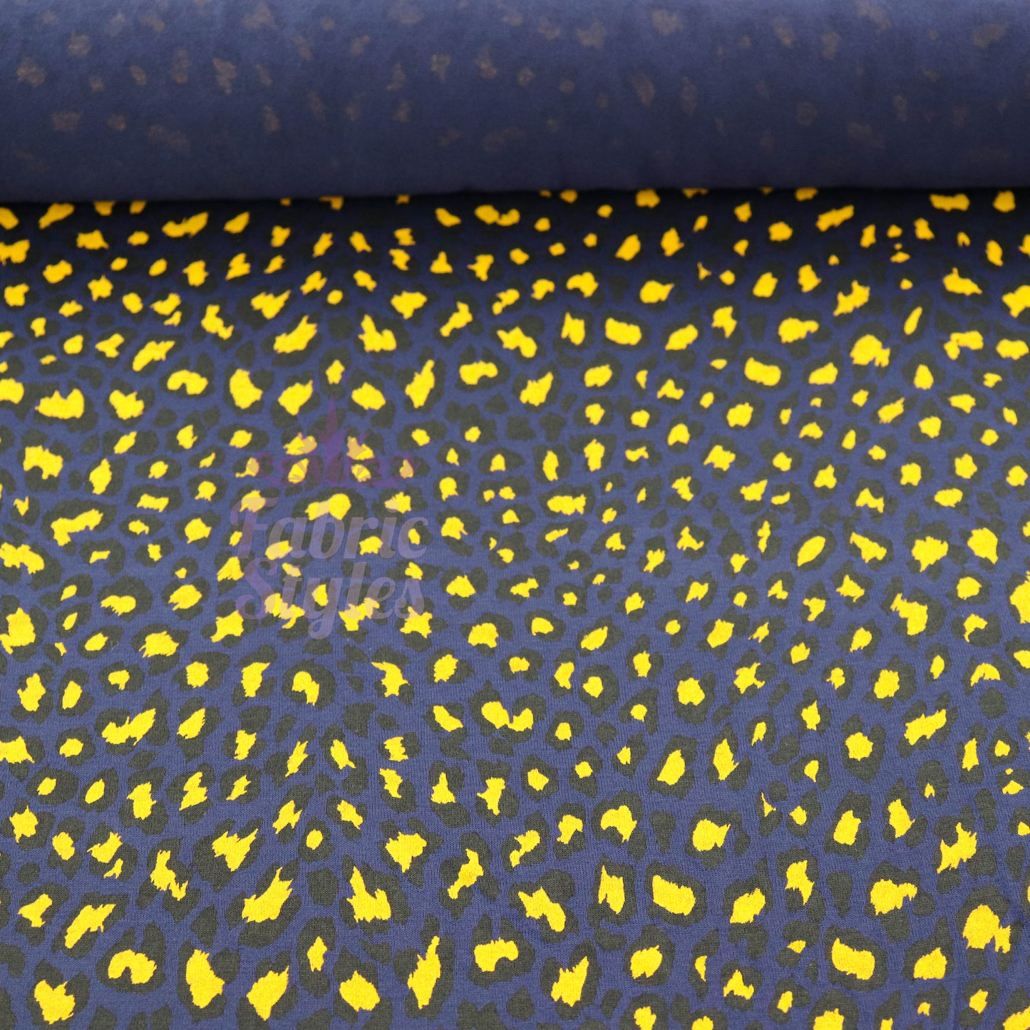 Navy Animal Print Fabric Yellow Black Spots Viscose Elastane Fabric