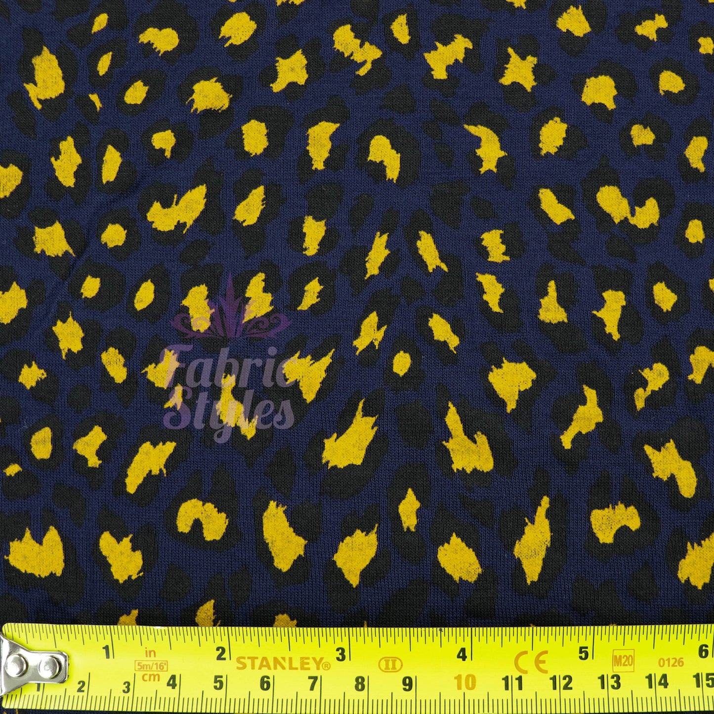 Navy Animal Print Fabric Yellow Black Spots Viscose Elastane Fabric