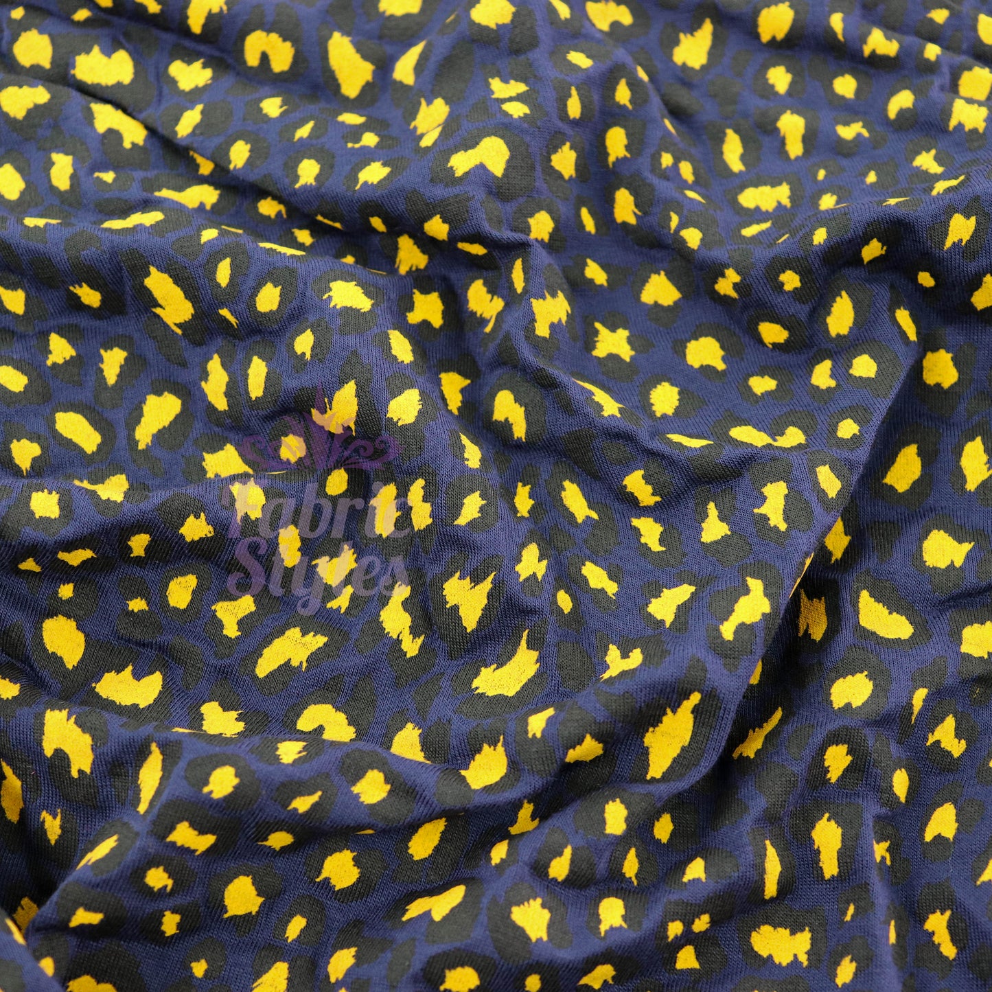Navy Animal Print Fabric Yellow Black Spots Viscose Elastane Fabric