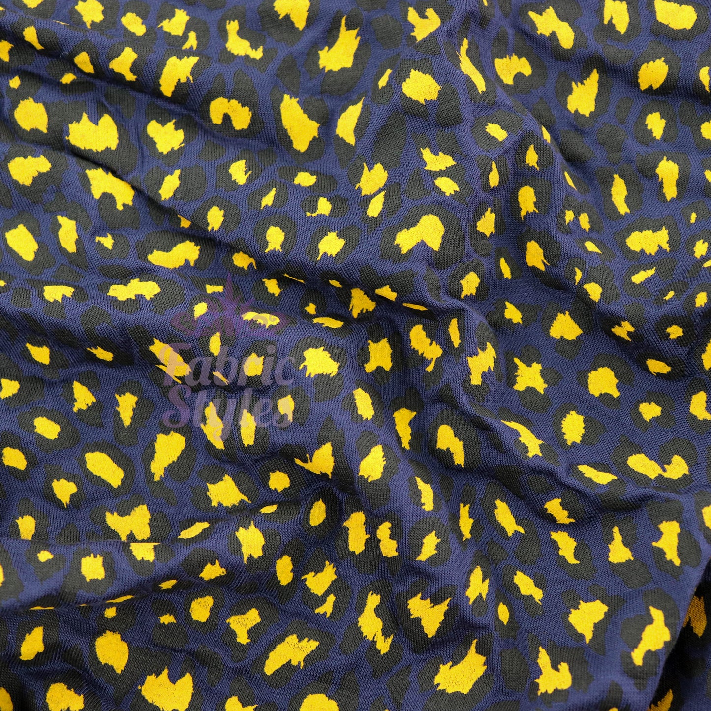 Navy Animal Print Fabric Yellow Black Spots Viscose Elastane Fabric