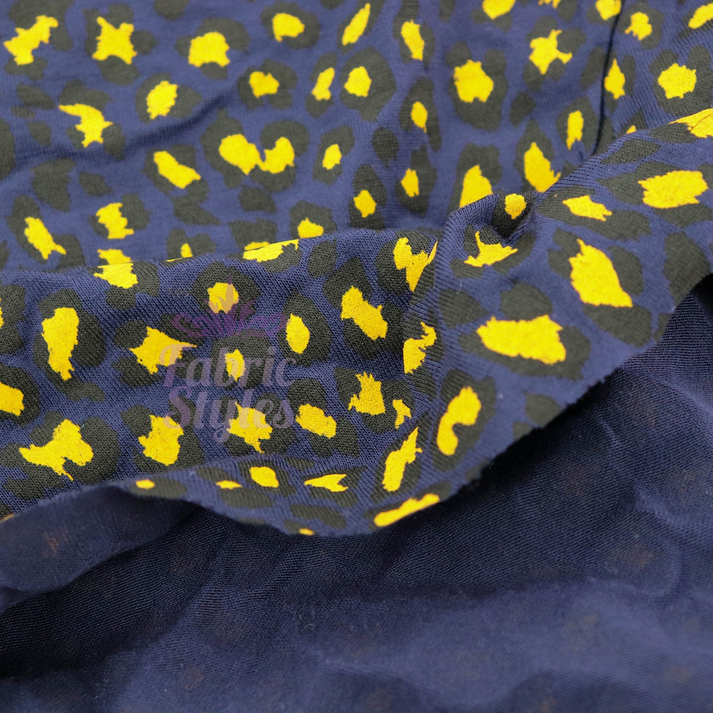 Navy Animal Print Fabric Yellow Black Spots Viscose Elastane Fabric