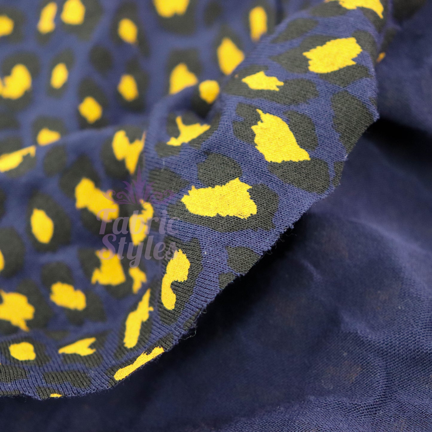 Navy Animal Print Fabric Yellow Black Spots Viscose Elastane Fabric