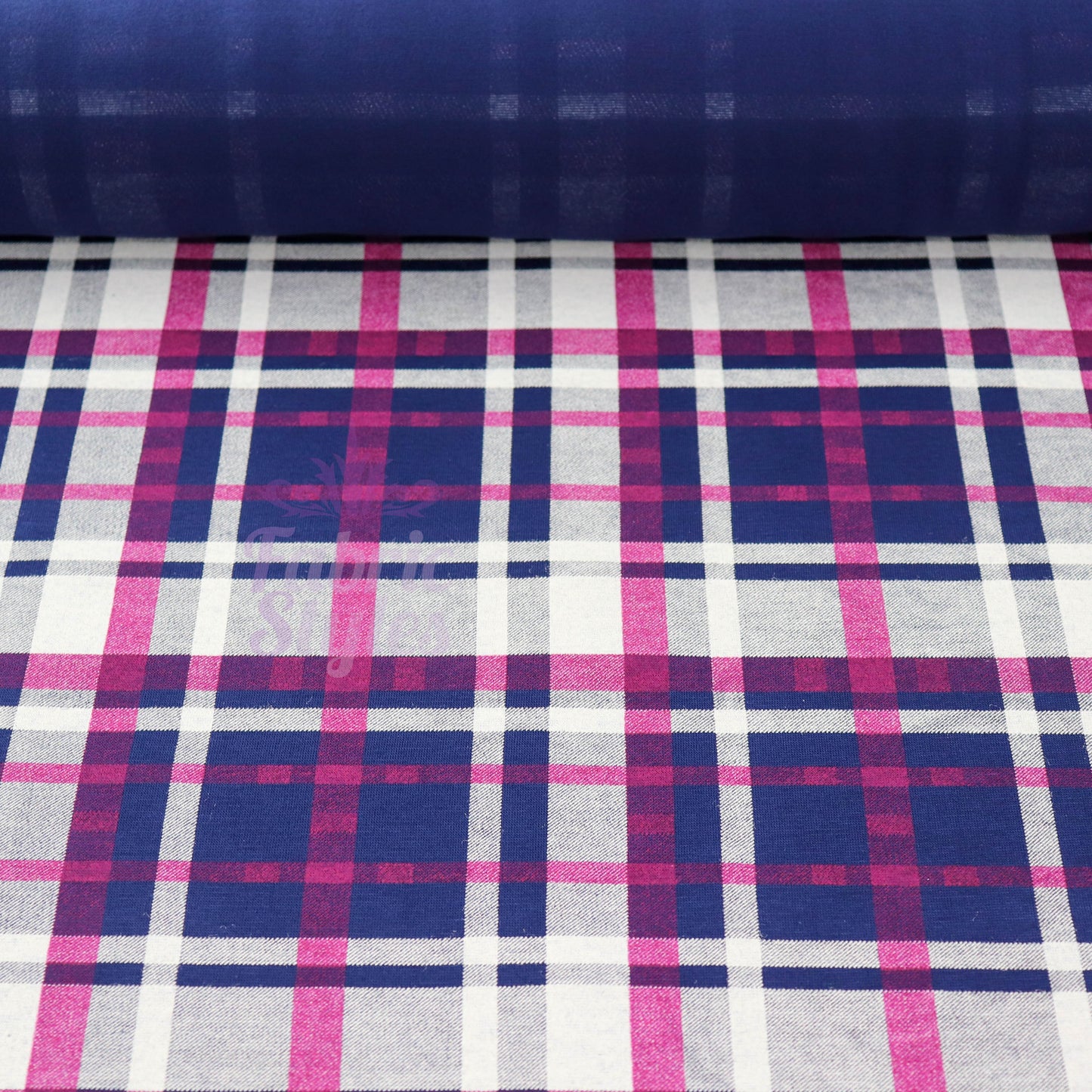 Navy Tartan Pink White Plaid Print Viscose Elastane Fabric